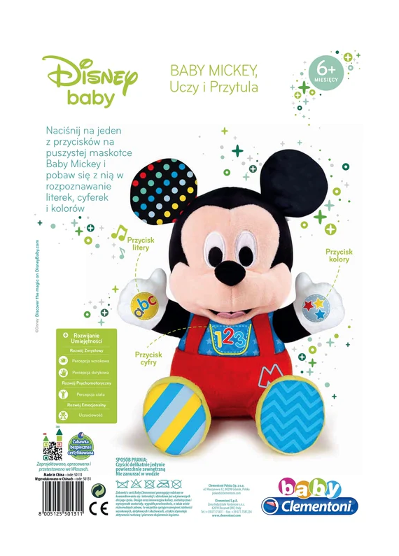 Plush Interactive Disney Baby Mickey Teaches & Hugs Polish Language Clementoni 50131