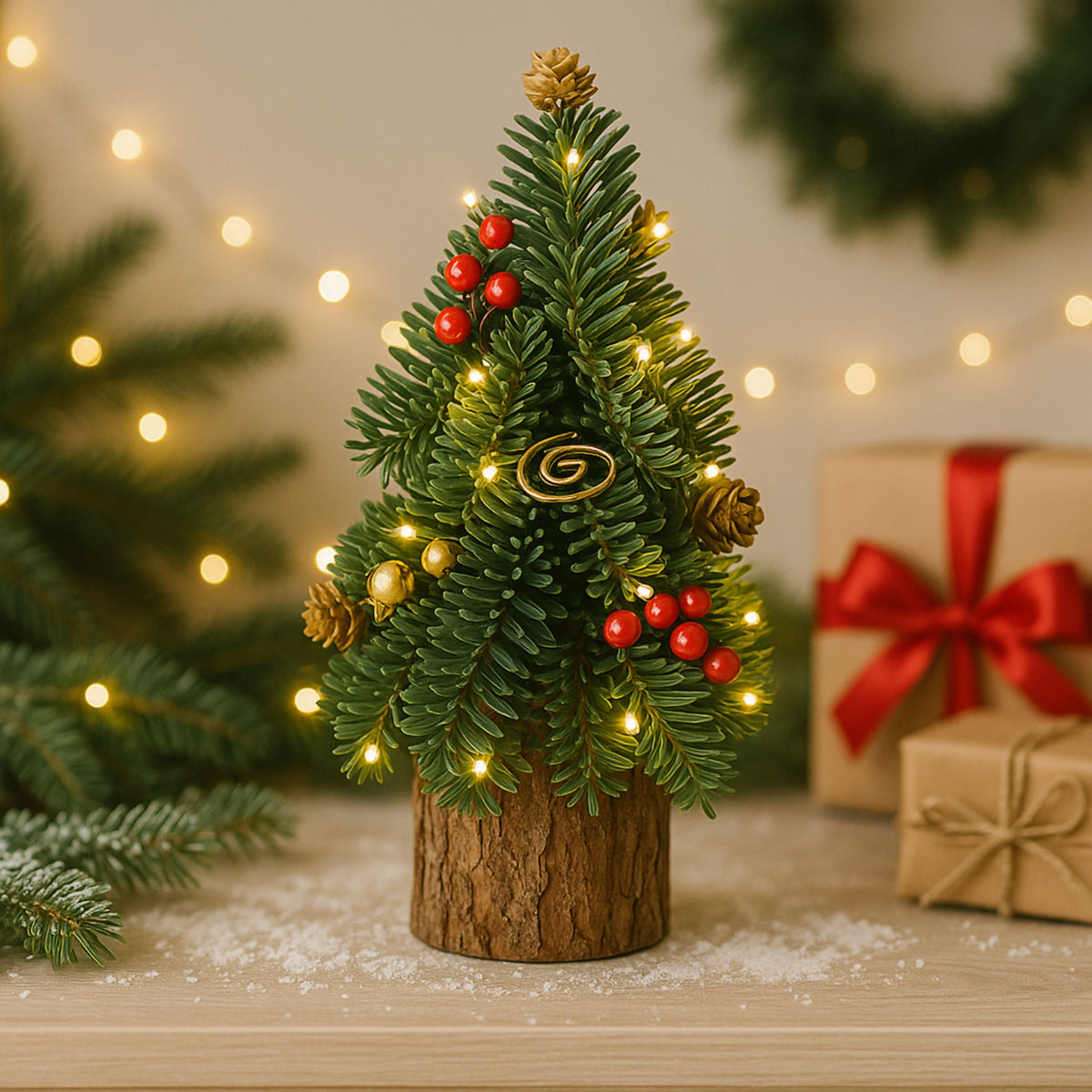 Decorative Christmas Tree On A Trunk Red Rowan Cones 38 X 15 Cm