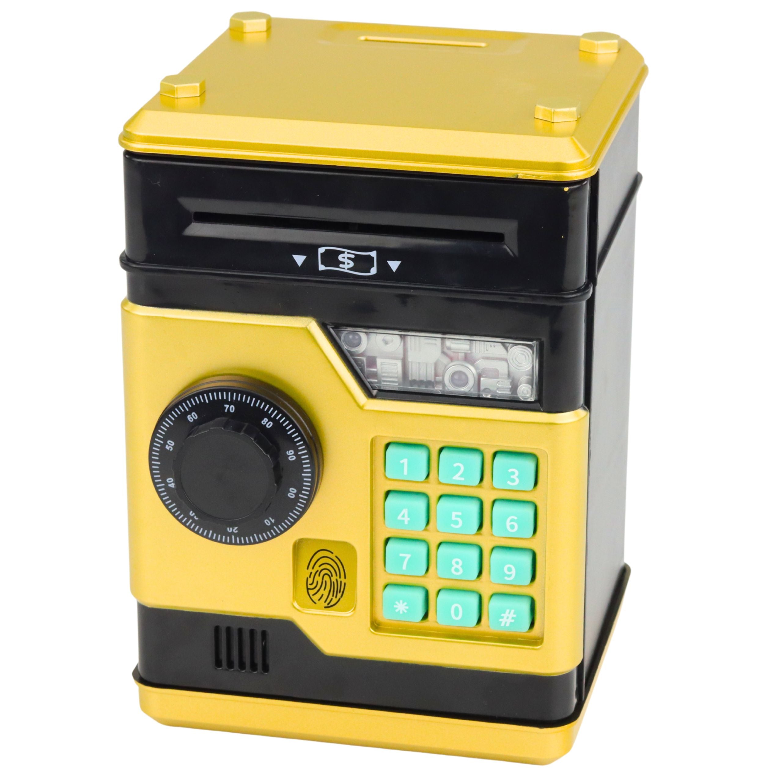 Atm Electronic Safe Piggy Bank Lights Sounds Pin Code Gold