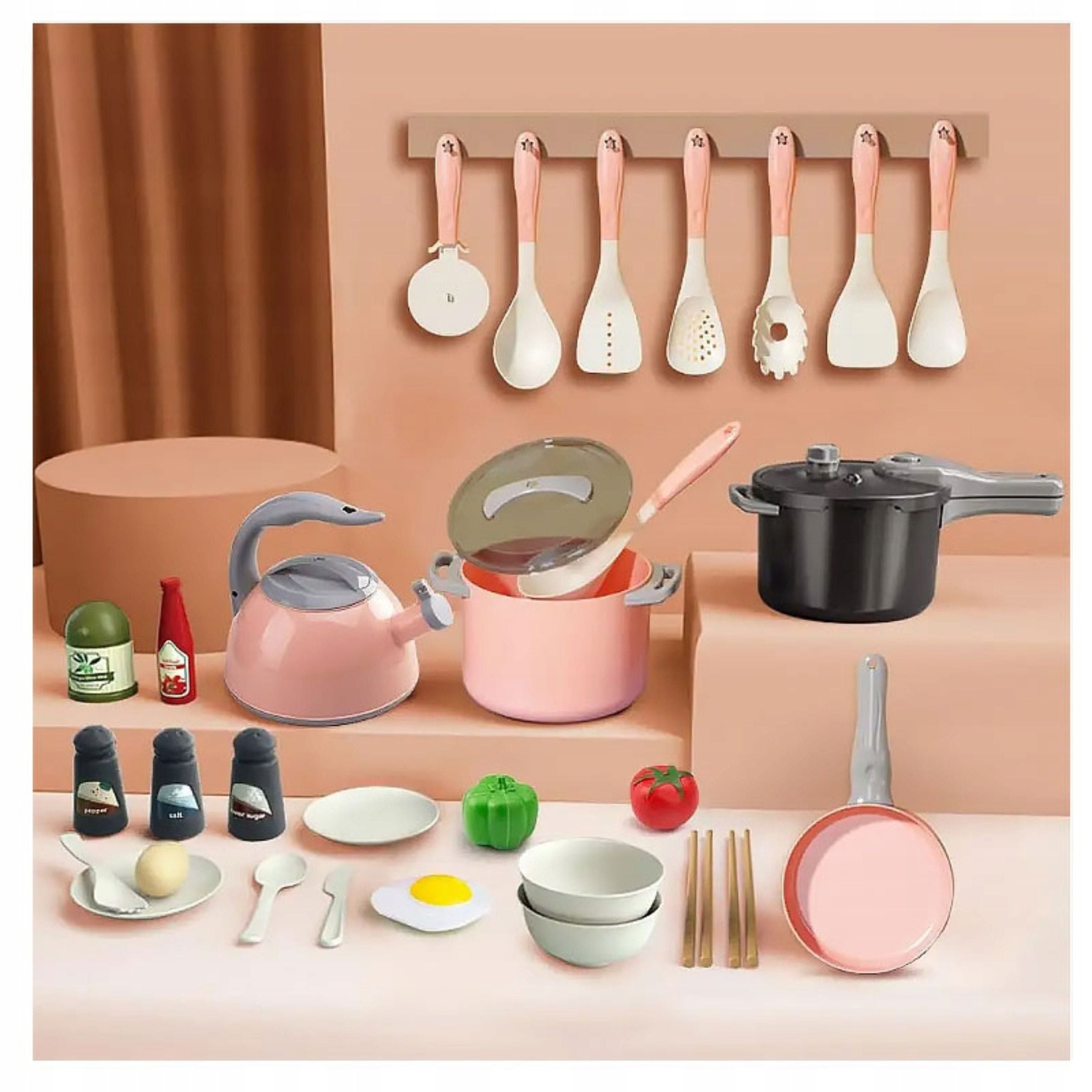Kitchen Set Pots Cooking Accessories Food Pink 32 Pcs.