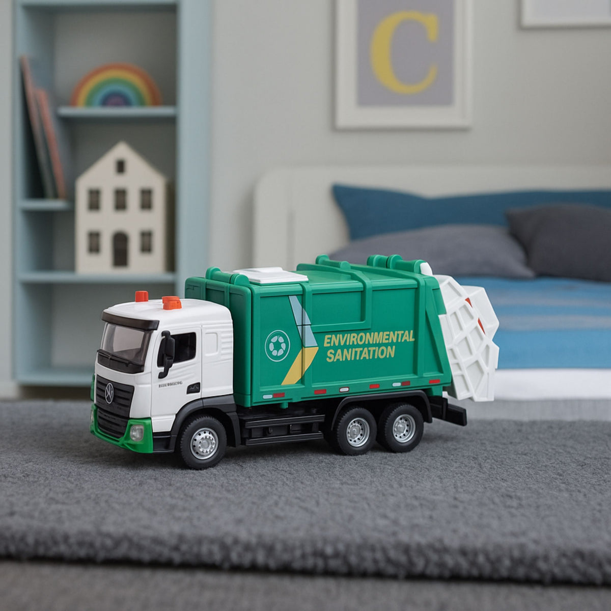 Les lumières de la poubelle de cabine en métal pour enfants de camion à ordures sonnent vert