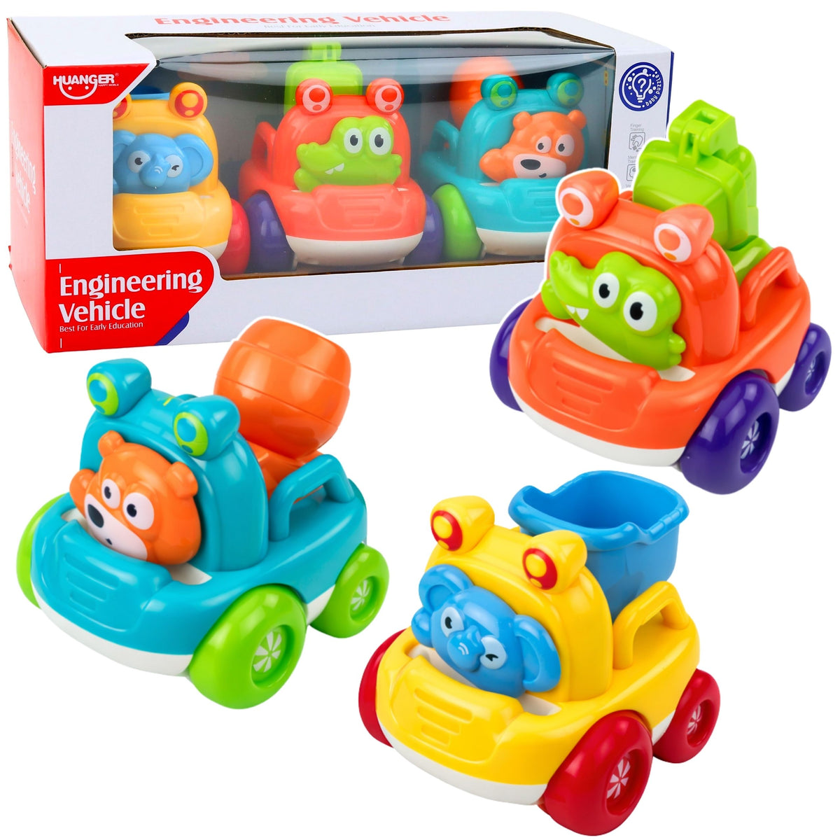 Ensemble de véhicules de construction avec des animaux pour les tout-petits colorés 3 pièces.