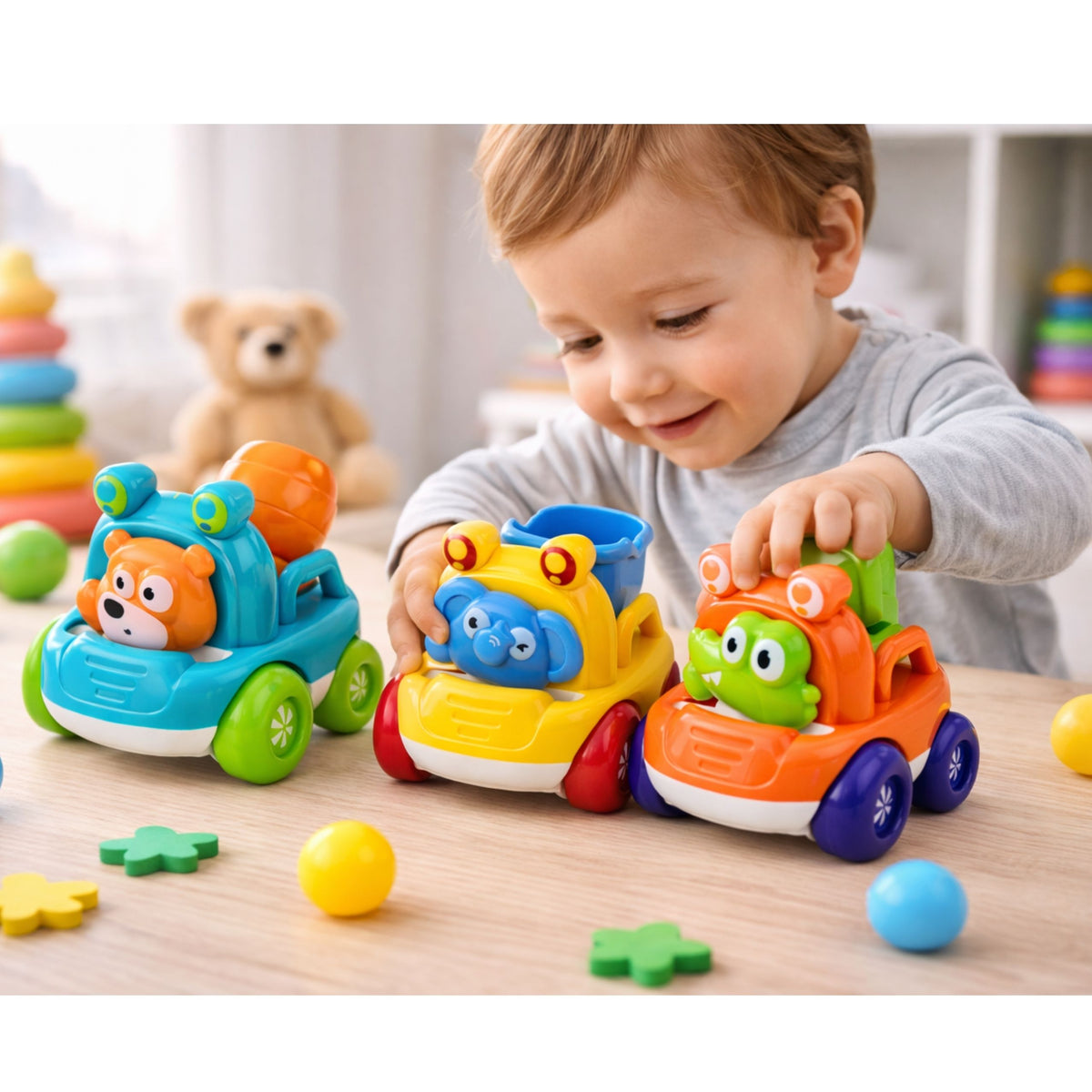 Ensemble de véhicules de construction avec des animaux pour les tout-petits colorés 3 pièces.
