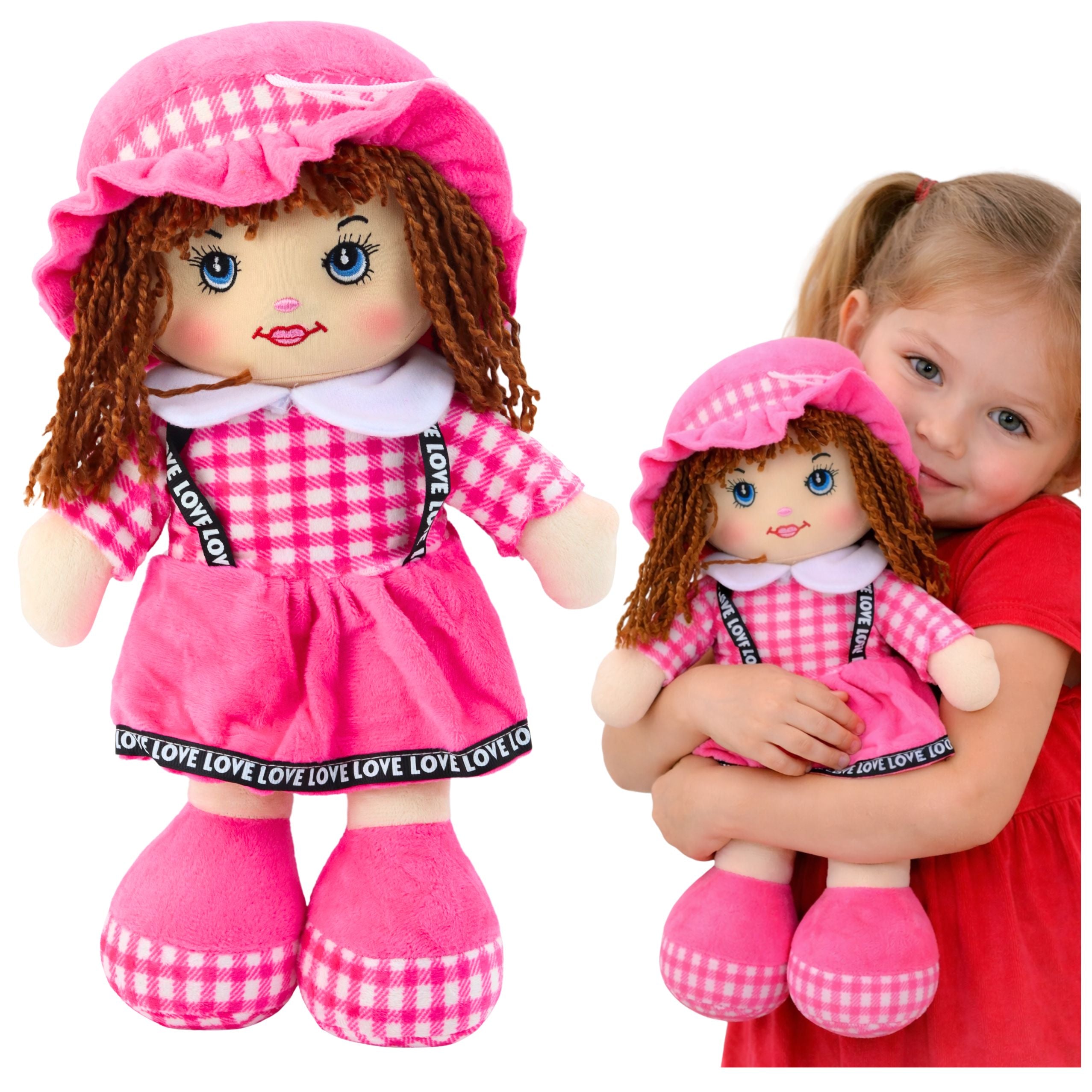 Rag Doll Cuddly Toy Checkered Dress Pink 35 Cm