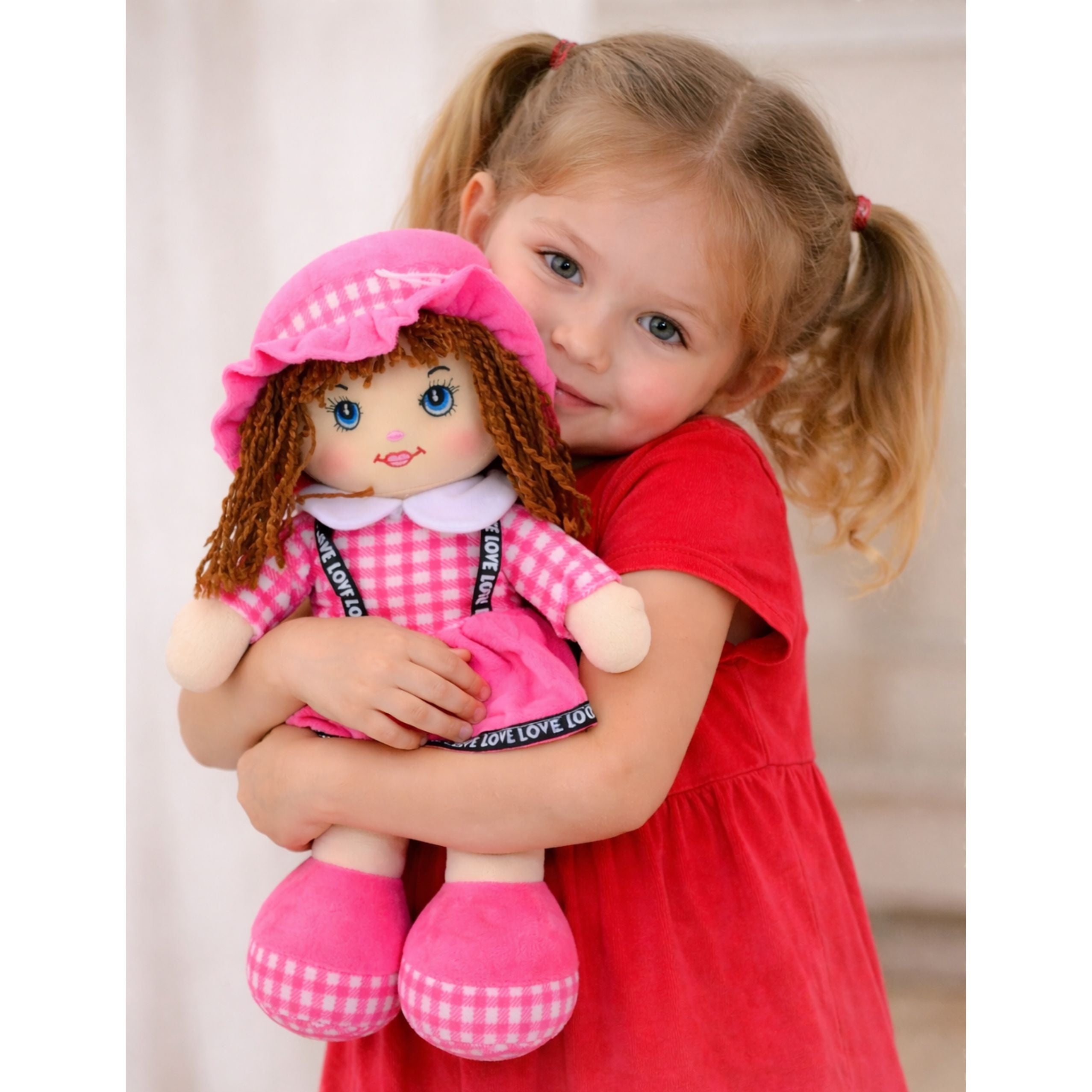 Rag Doll Cuddly Toy Checkered Dress Pink 35 Cm