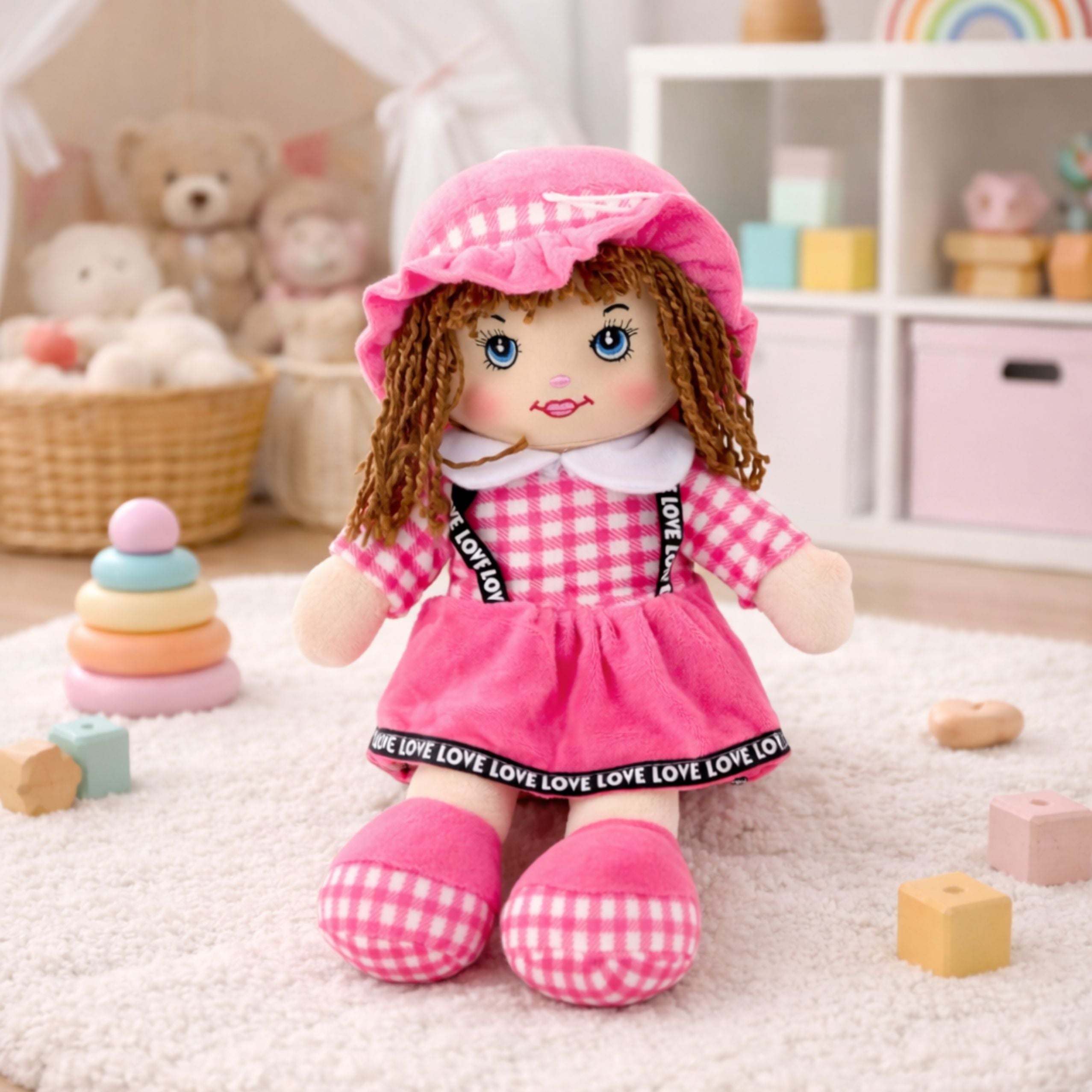 Rag Doll Cuddly Toy Checkered Dress Pink 35 Cm