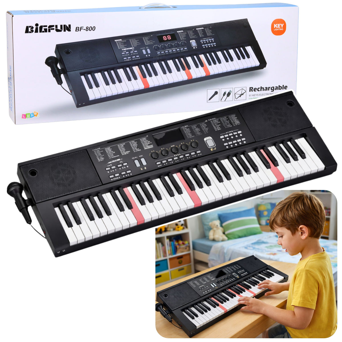 Méarchláir Pianó Leictreach Le Micreafón 200 Fuaimeanna 61 Eochracha 78cm
