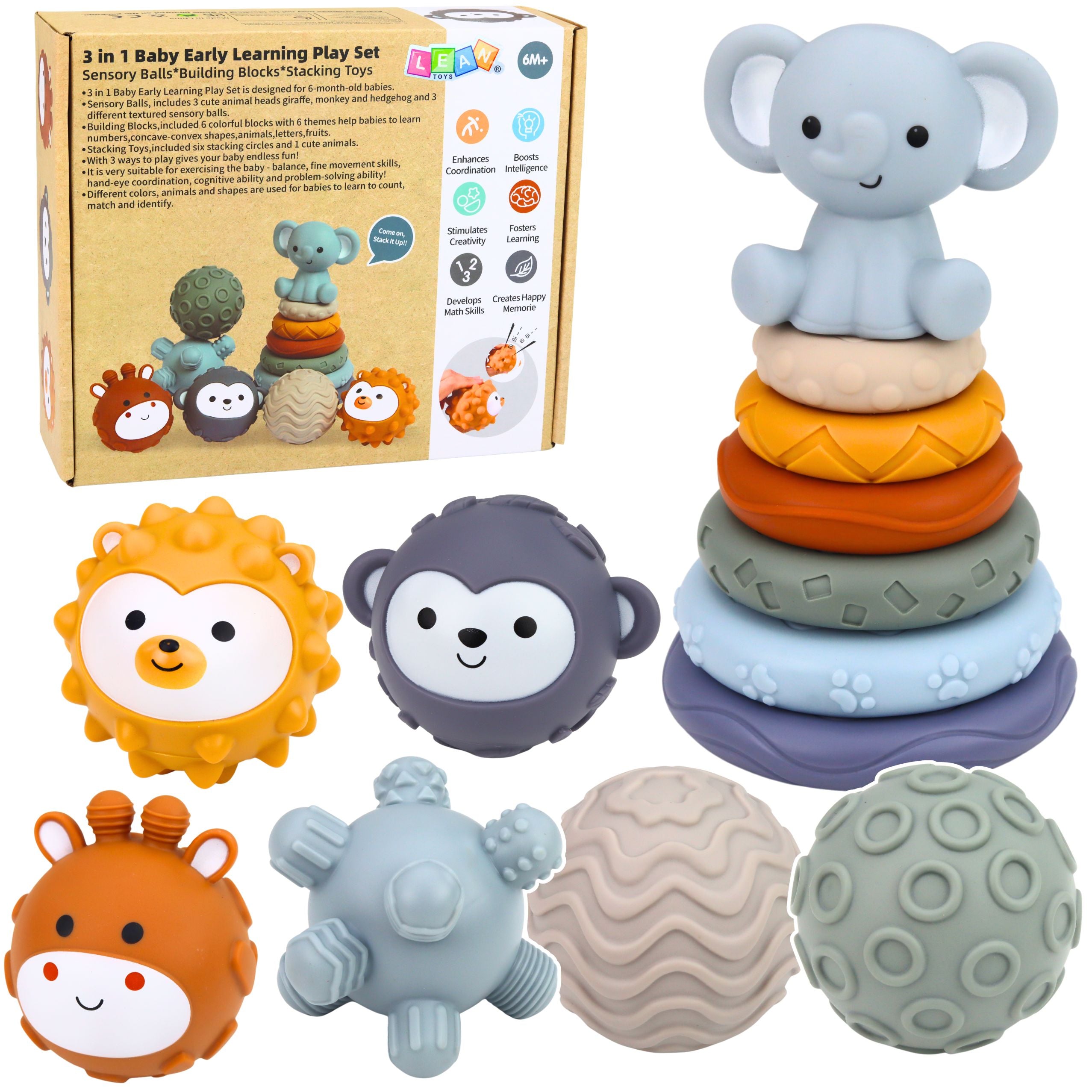 Set Of Sensory Rubber Blocks For Babies 3 In 1 Balls Tower
