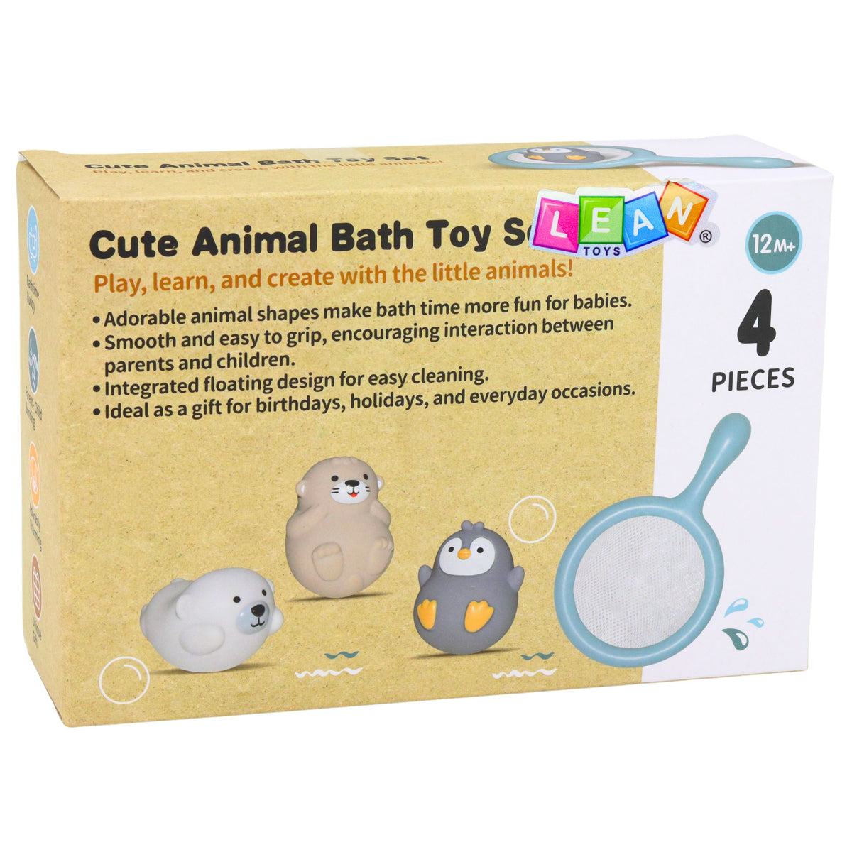 Bath Toys Set Fishing Rubber Animals Pastel Strainer 4 Pcs.