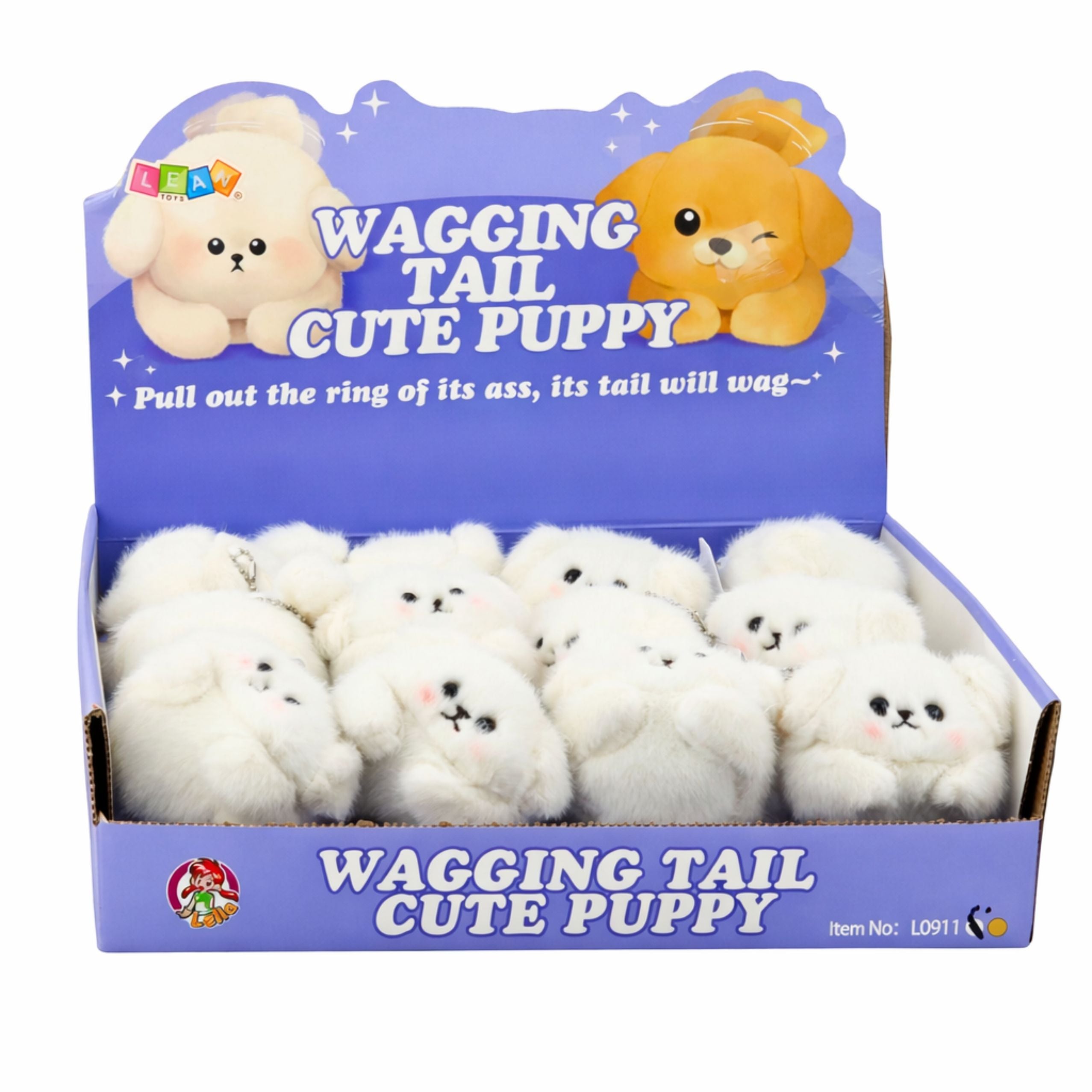 Plush White Dog With Wagging Tail And Squeaking Sounds Keychain 9 Cm