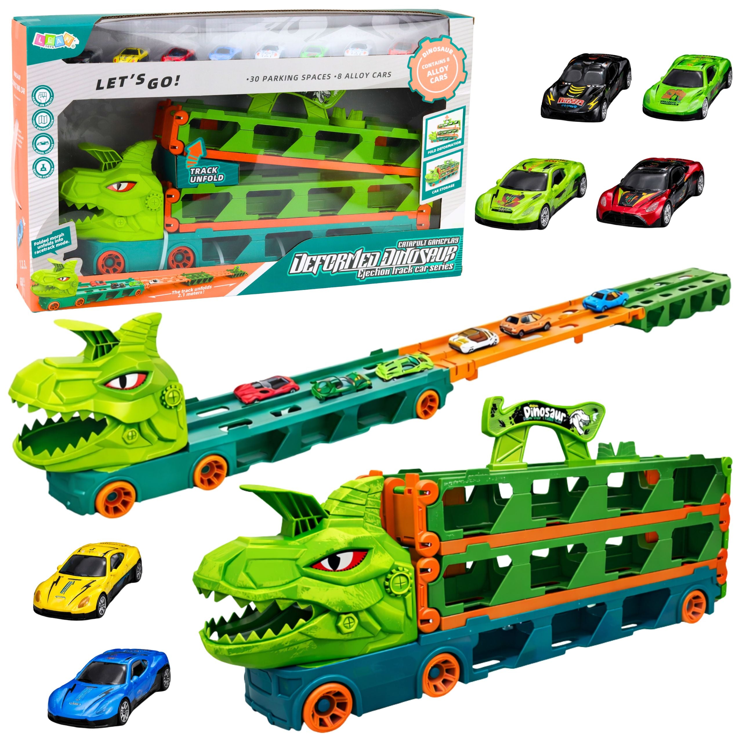 Dinosaur Truck With Springs Track For Cars Transporter Launcher 4in1