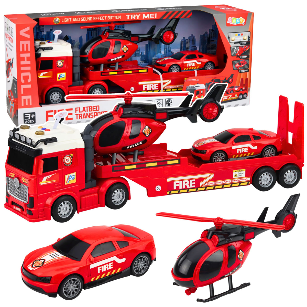 Feuerwehrmann-Rettungsset, LKW, Abschleppwagen, Auto, Hubschrauber, Lichter, Sound