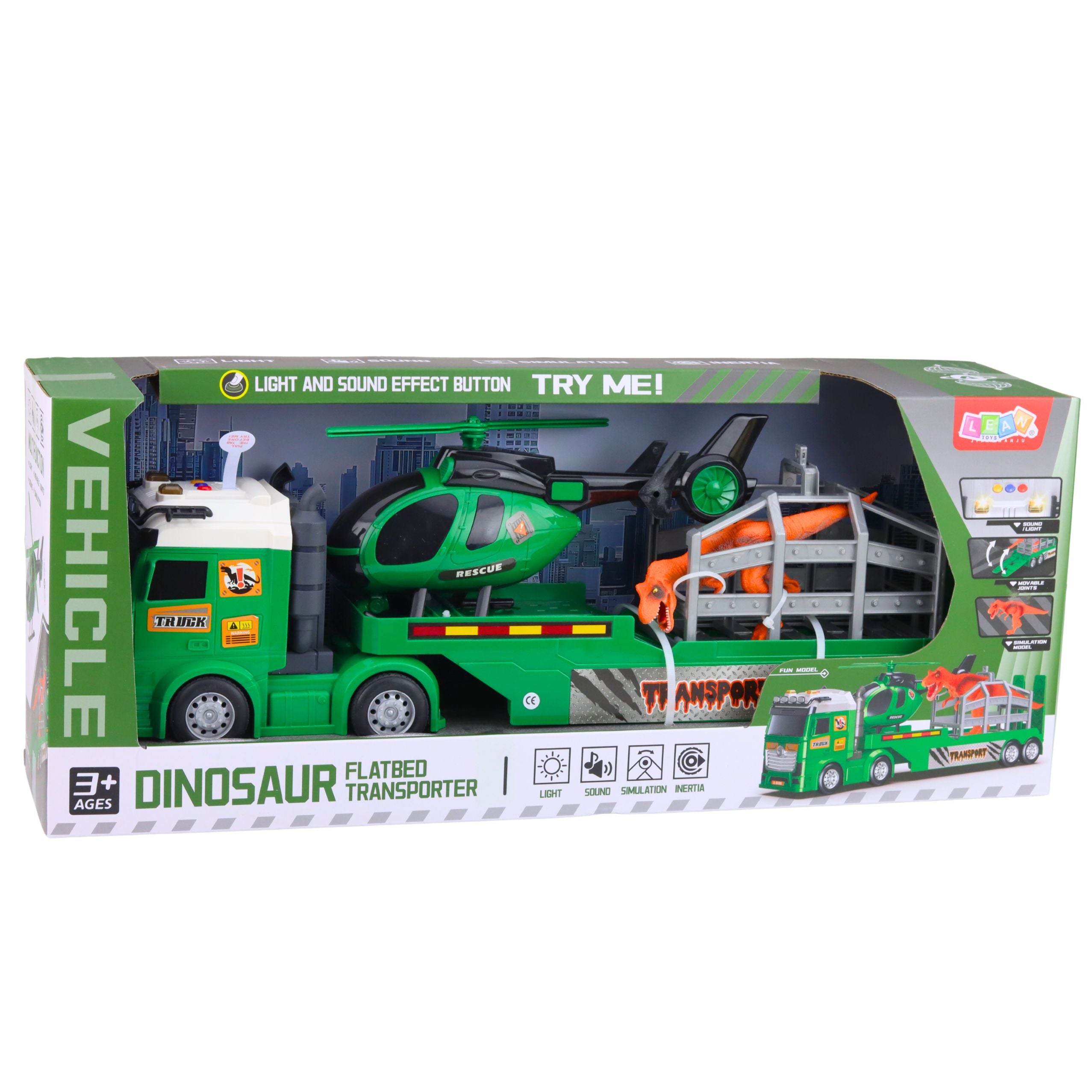 Dinosaur Transport Set: Truck Tow Truck Helicopter Lights Sound