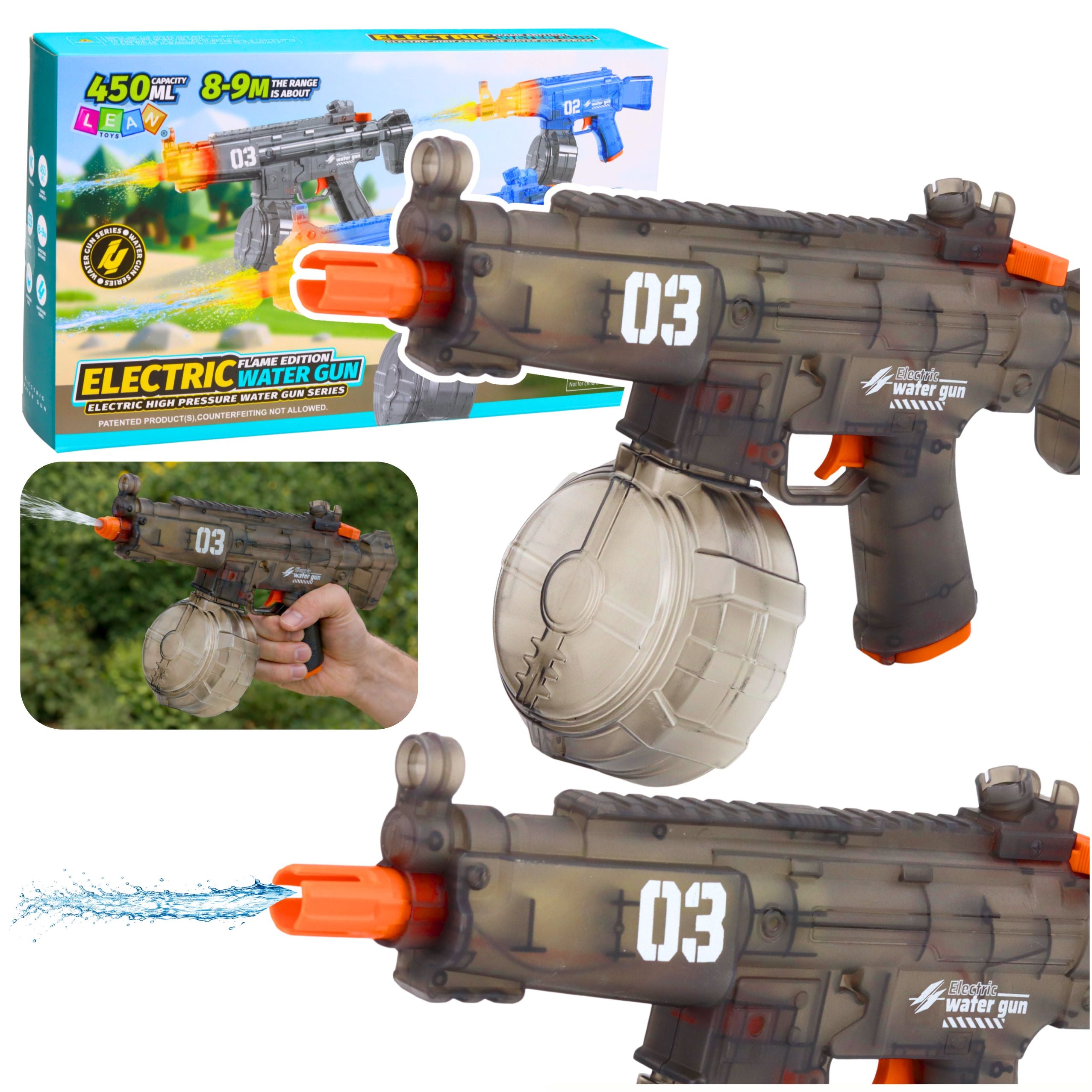 Electric Water Gun Rifle Automatic Black Range 8-9m 450 Ml