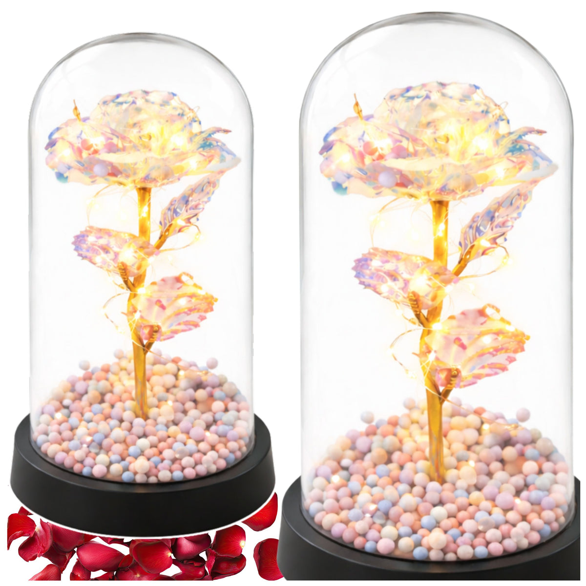 Ewige Rose in einer Glaskuppel, LED-Kristallbeleuchtung, 21,5 x 11 cm