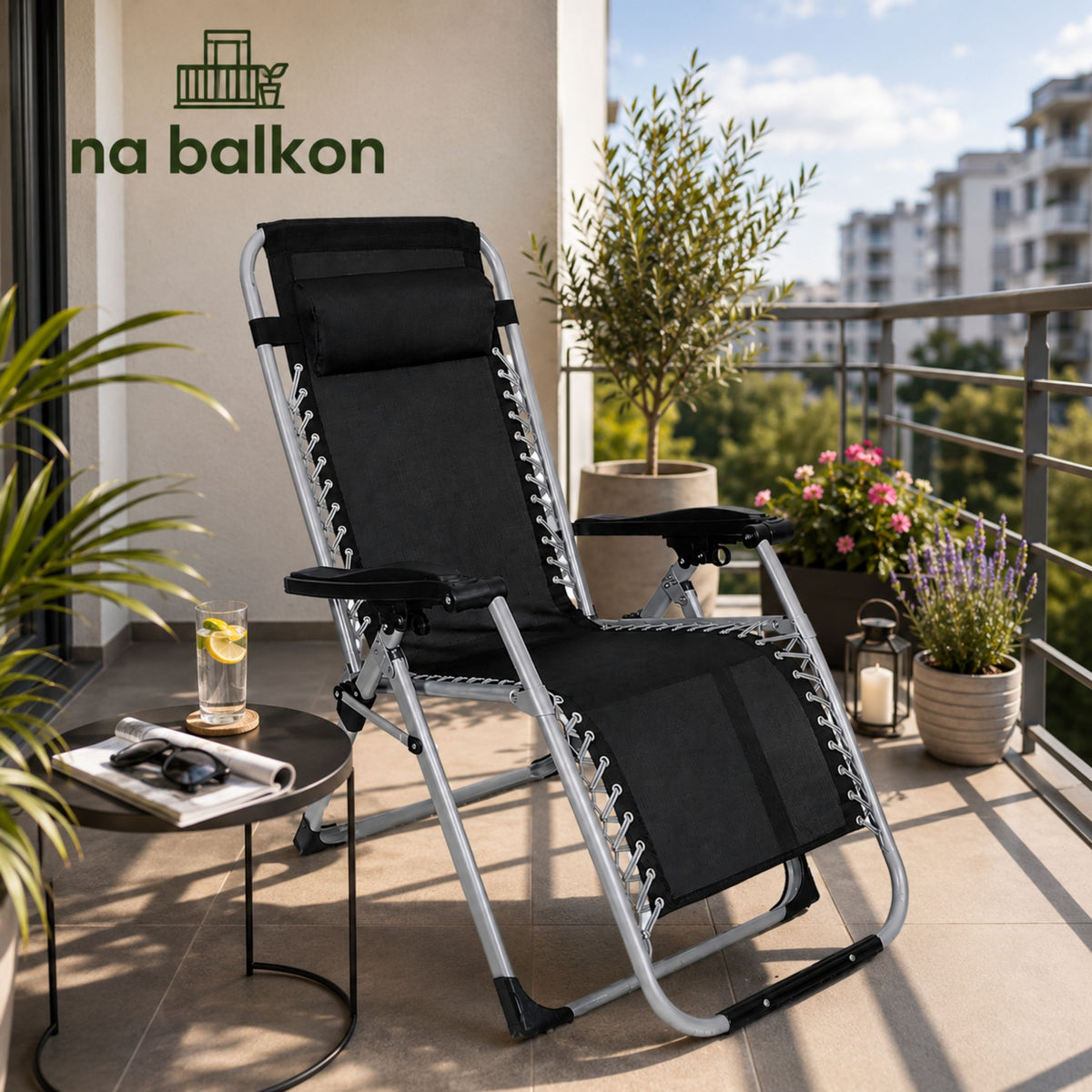 Folding Garden Beach Deckchair With Table And Headrest Steel Anthracite