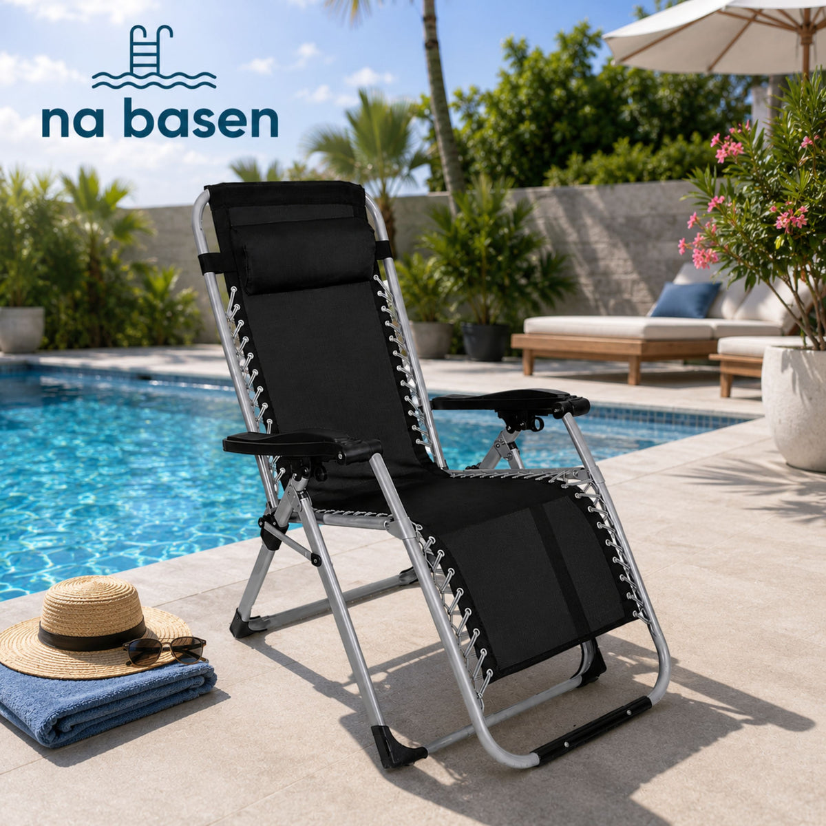 Folding Garden Beach Deckchair With Table And Headrest Steel Anthracite