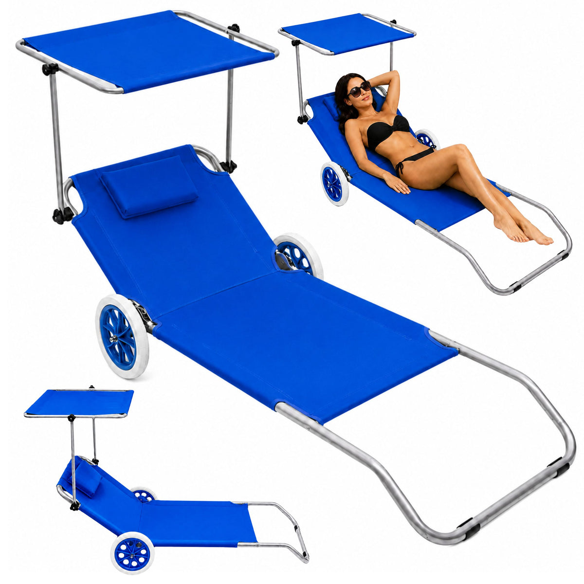 Folding Garden Beach Deckchair On Wheels With Canopy Metal Blue