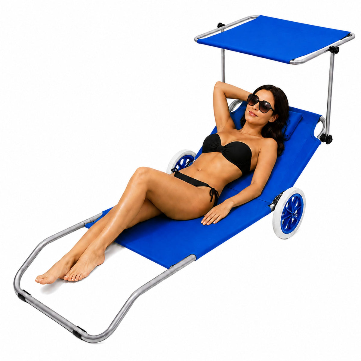 Folding Garden Beach Deckchair On Wheels With Canopy Metal Blue