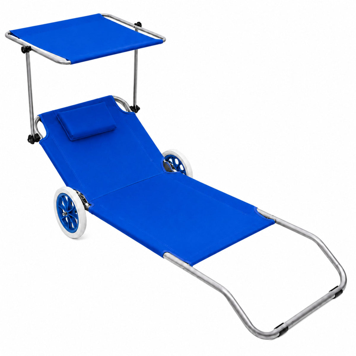 Folding Garden Beach Deckchair On Wheels With Canopy Metal Blue