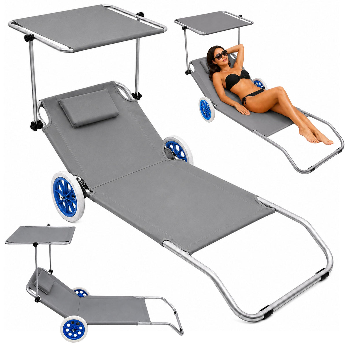 Garden Beach Deckchair On Wheels With Folding Canopy Metal Gray