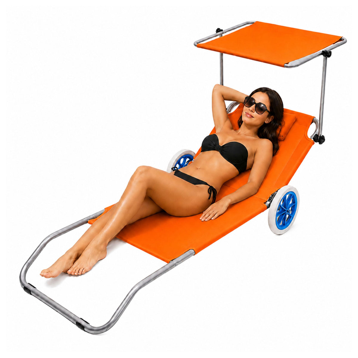 Beach Deckchair On Wheels Garden Folding Canopy Metal Orange