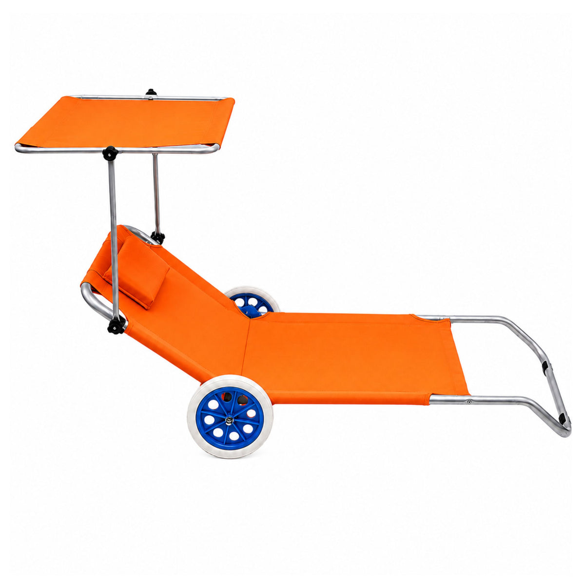 Beach Deckchair On Wheels Garden Folding Canopy Metal Orange