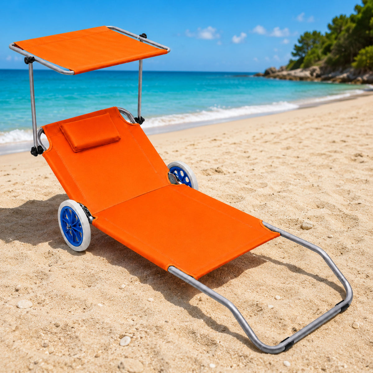 Beach Deckchair On Wheels Garden Folding Canopy Metal Orange