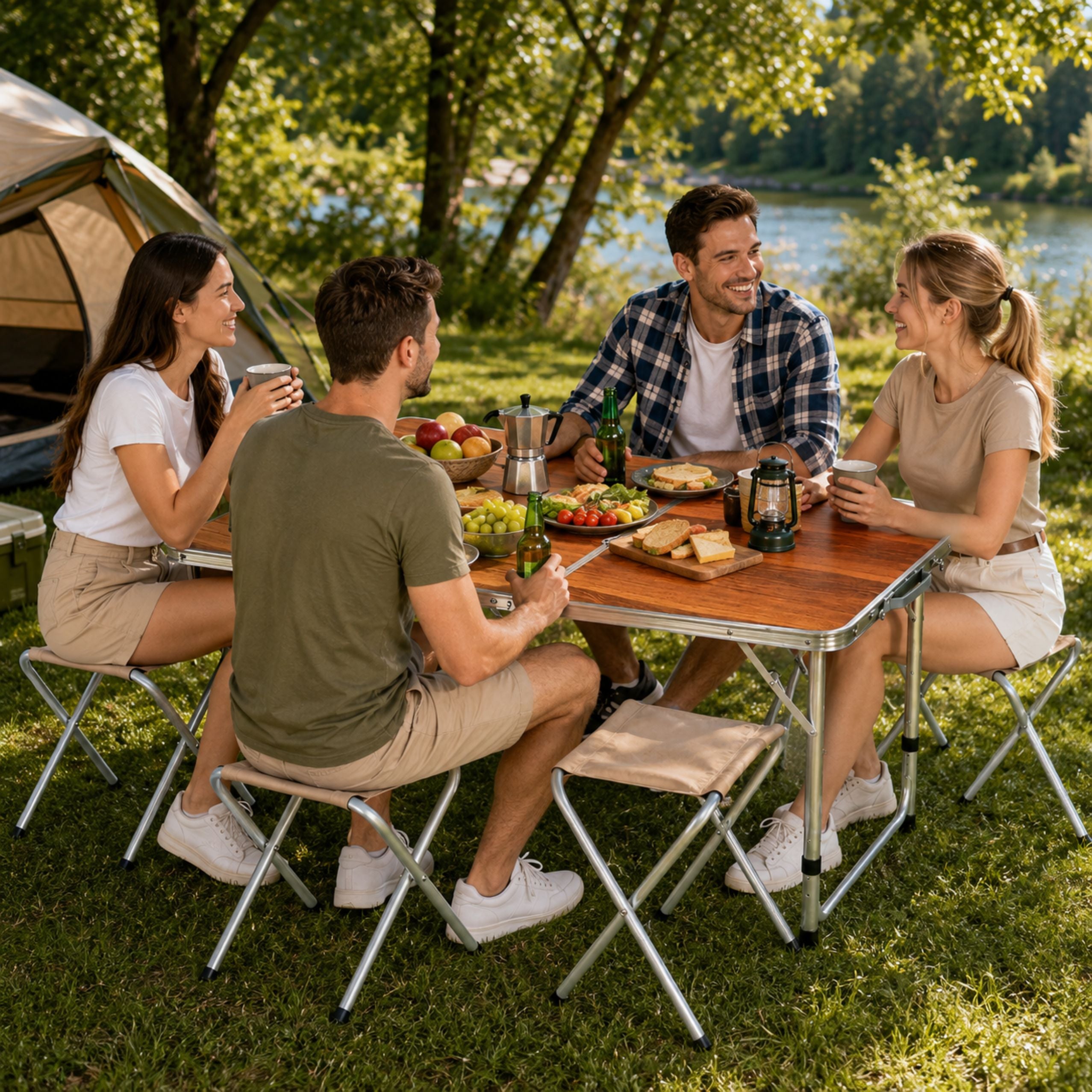 Set Of Camping Furniture Folding Table 4 Stools Wooden Suitcase