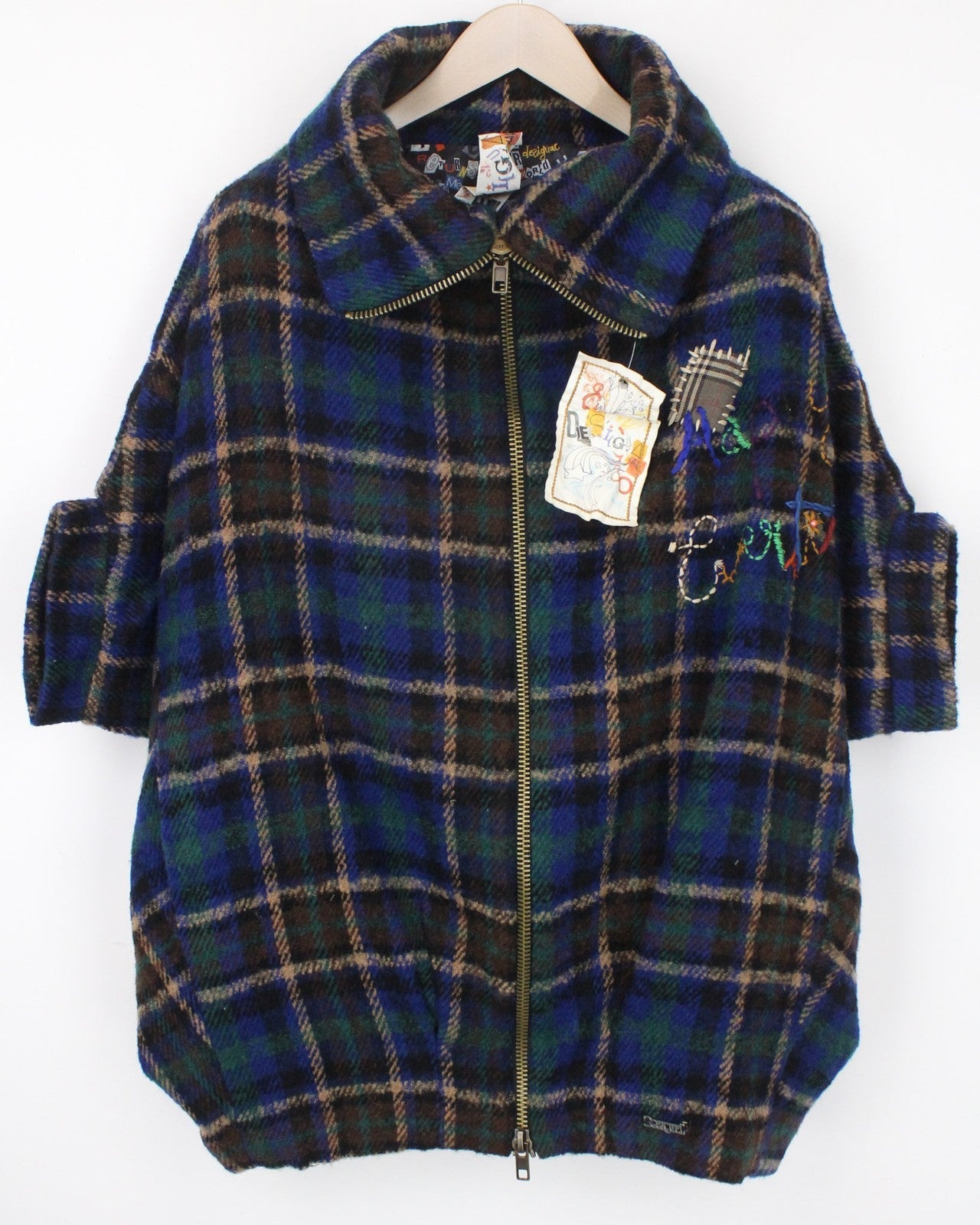 Desigual damski płaszcz w kolorze niebieskim z domieszką wełny w kratę, oversize kimono z rękawami
