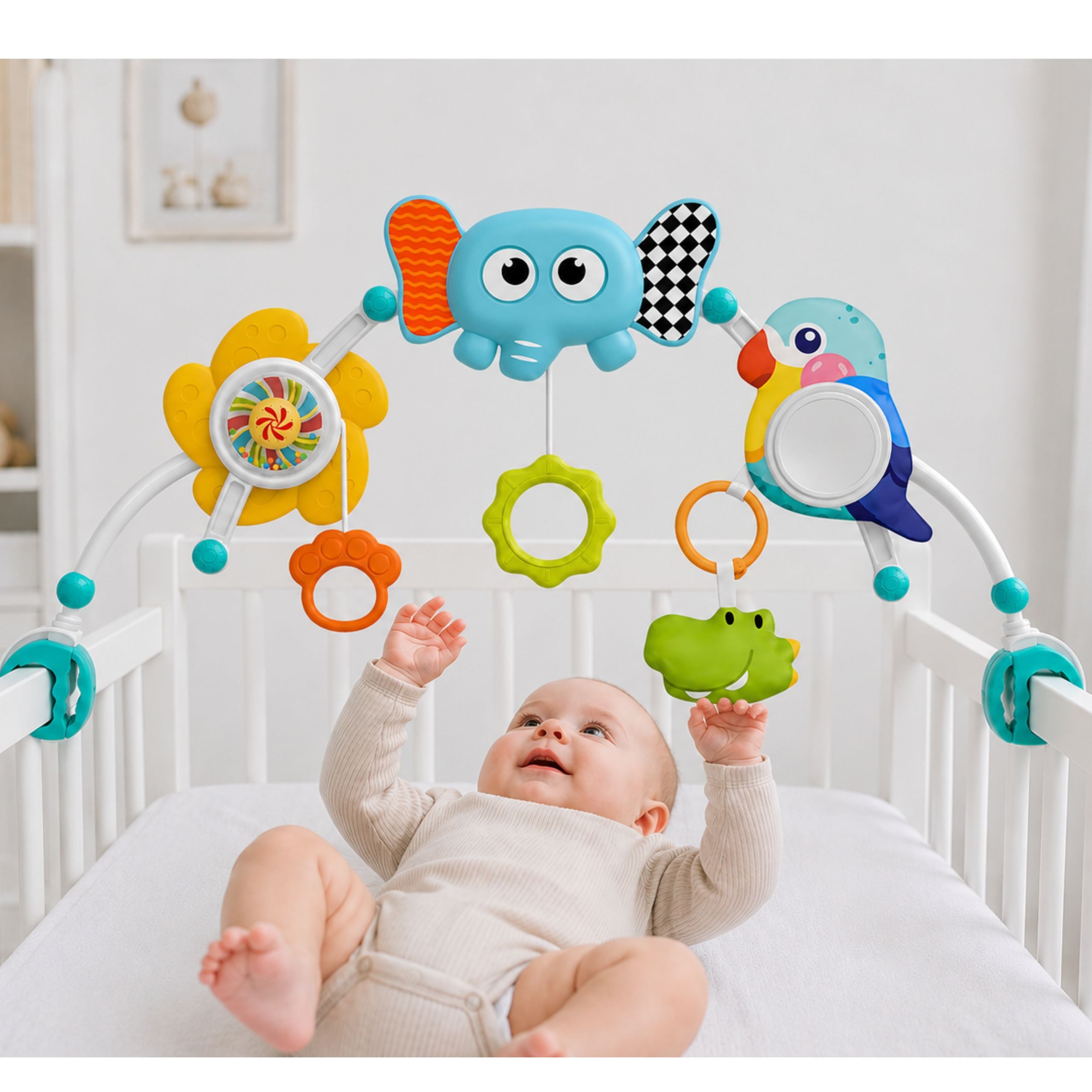 Sensory Arch With Elephant For Crib Car Seat Stroller Mirror Rattle