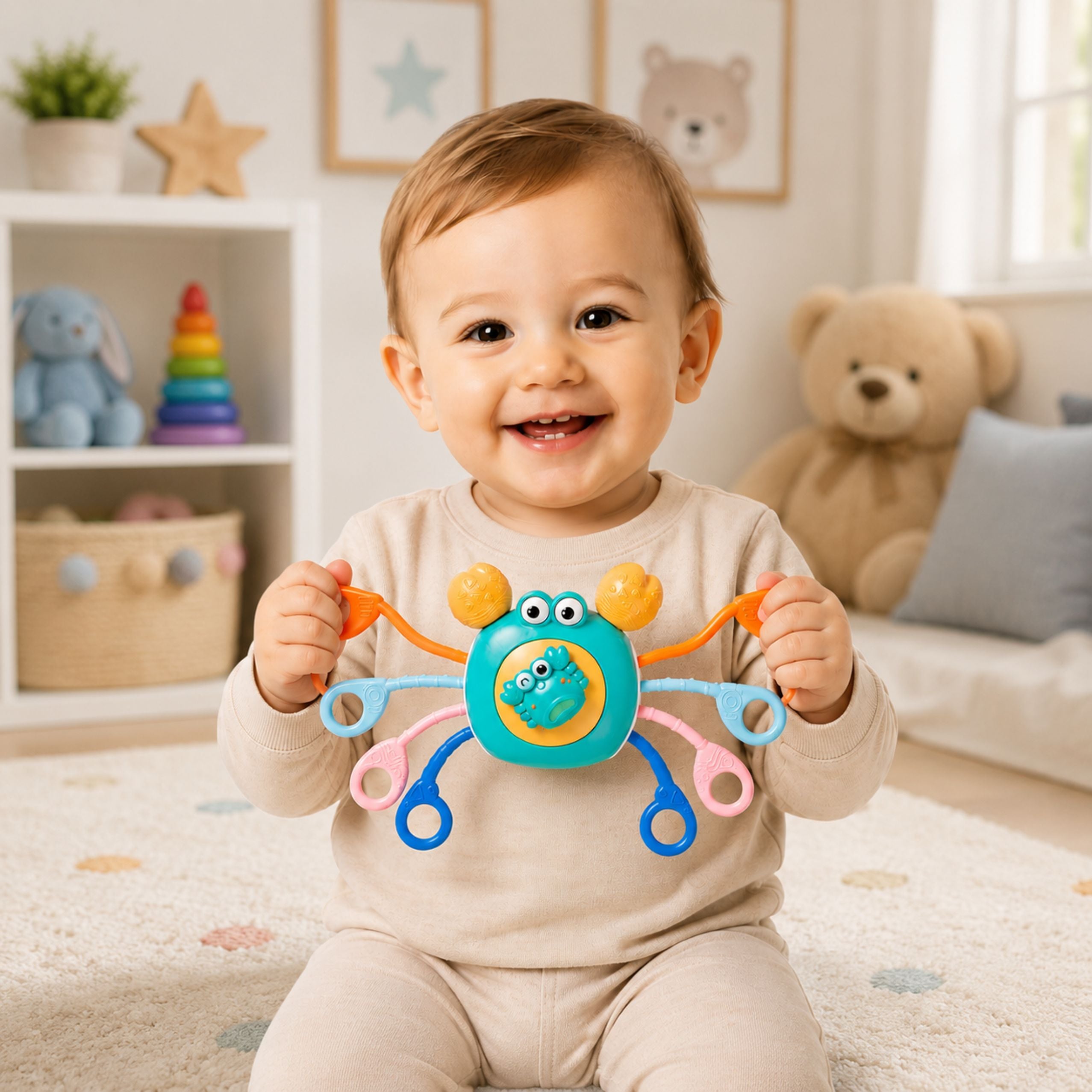 Crab Sensory Educational Toy For Toddlers Rattle Teether Blue