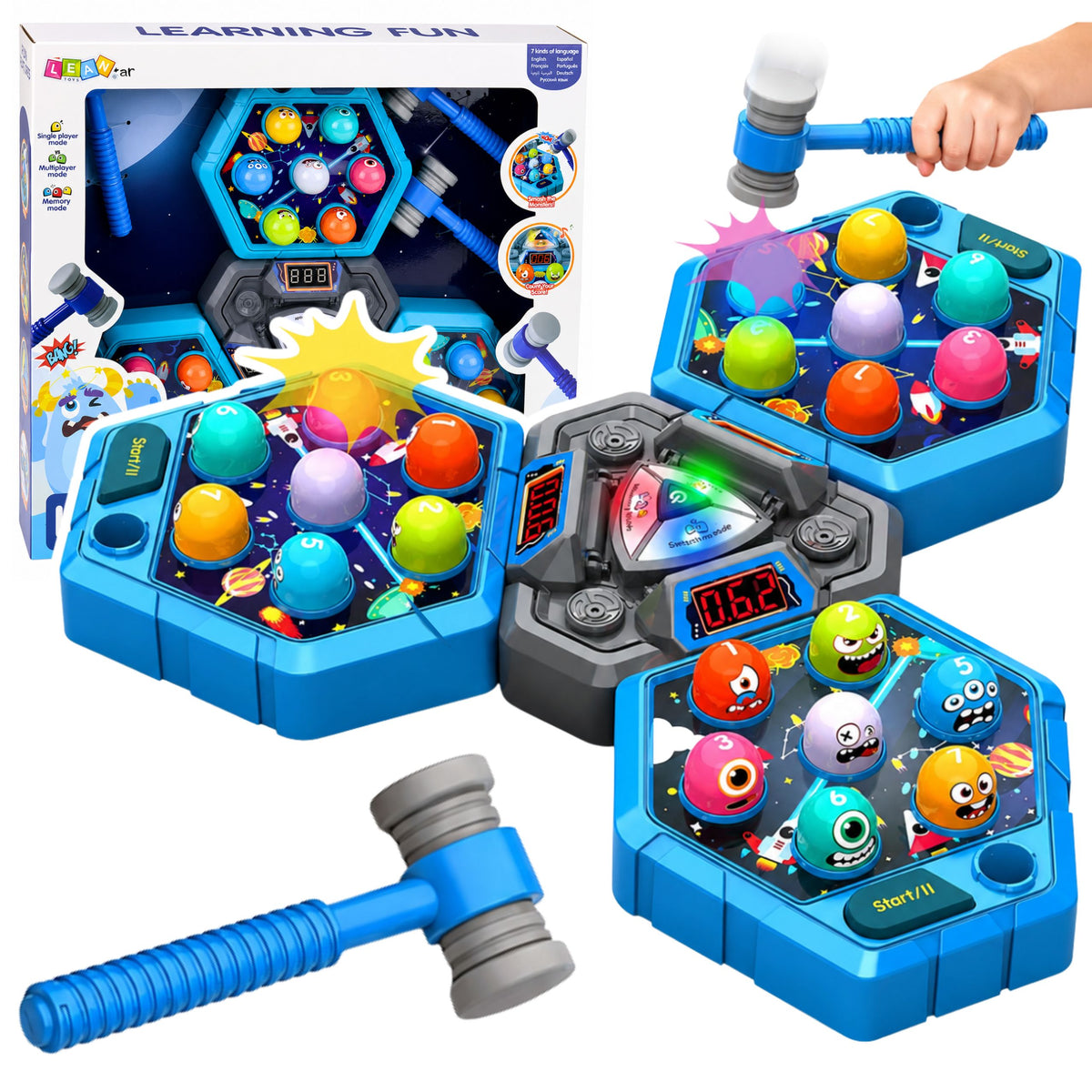 Whack-a-mole Creatures Arcade-Spiel für 3 Spieler, 3 Modi, leuchtende Hämmer