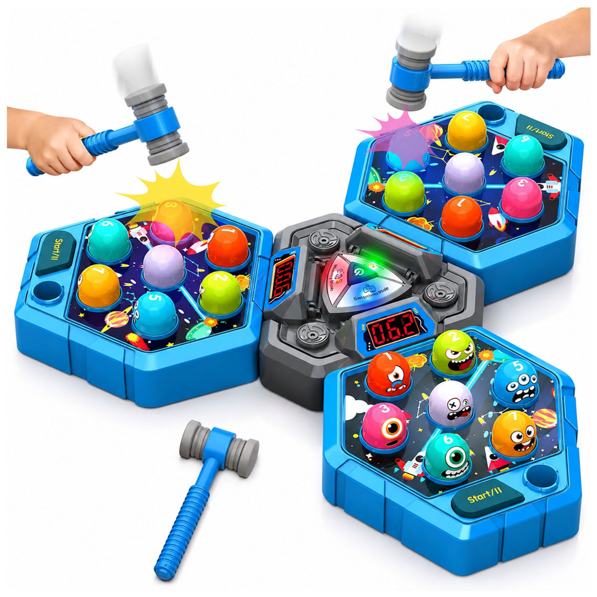 Whack-a-mole Creatures Arcade-Spiel für 3 Spieler, 3 Modi, leuchtende Hämmer