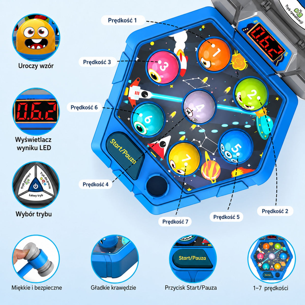 Whack-a-mole Creatures Arcade-Spiel für 3 Spieler, 3 Modi, leuchtende Hämmer