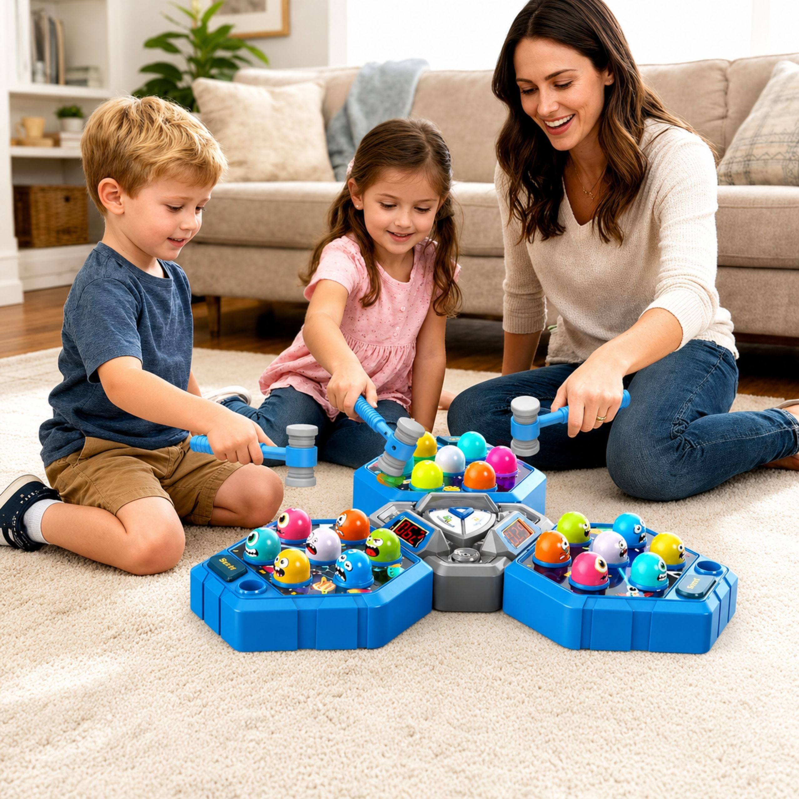 Whack-a-mole Creatures Arcade Game For 3 Players 3 Modes Glowing Hammers