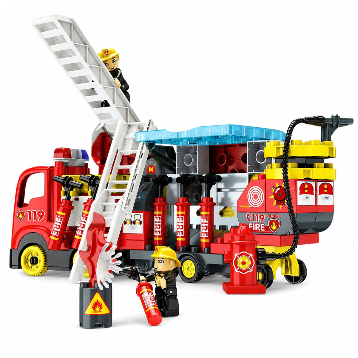 Bloques de camión de bomberos plegables Figuras de bomberos Luces Sonidos 94 piezas.