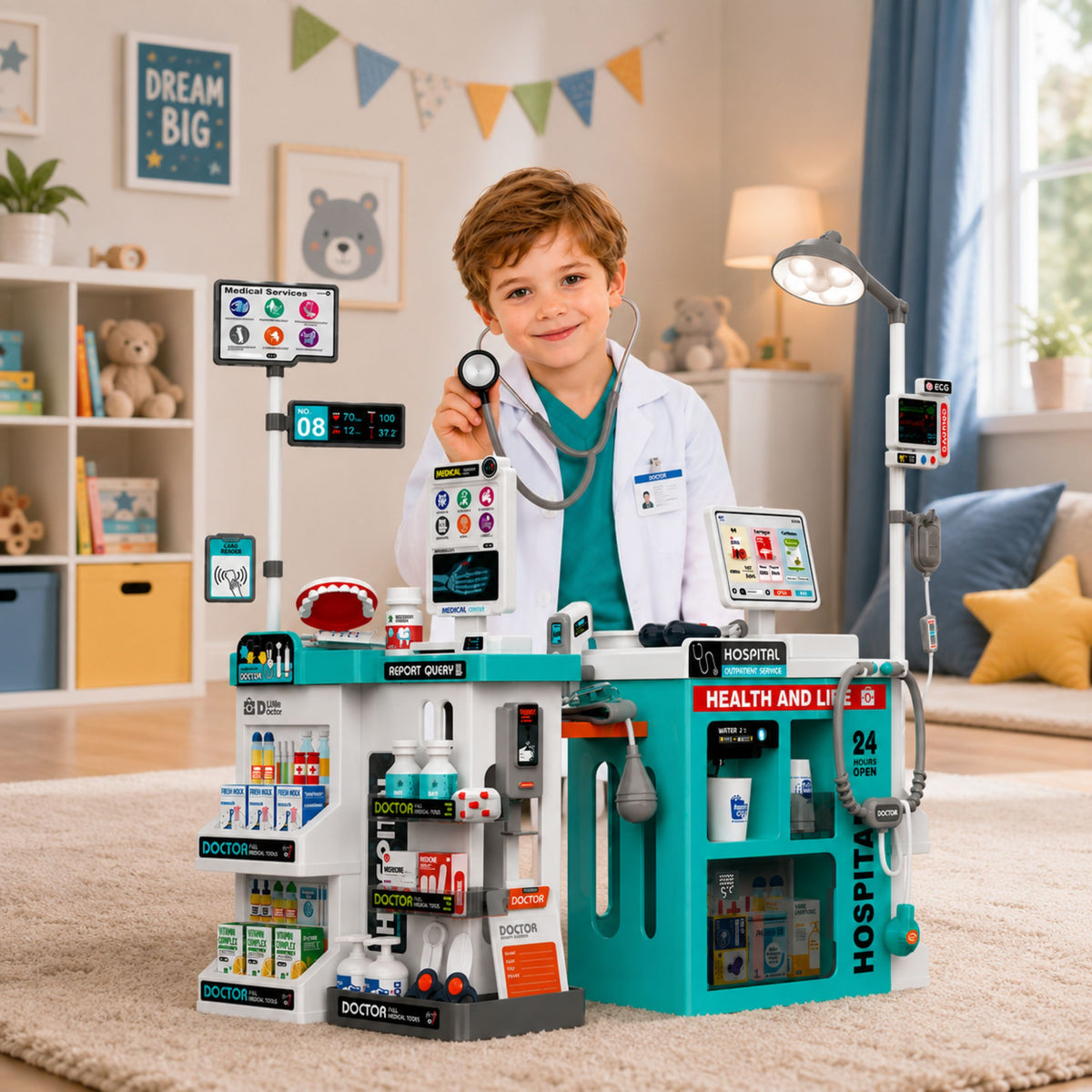 Grote medische set medische tafel dokter verlichting geluiden accessoires 77-delig.