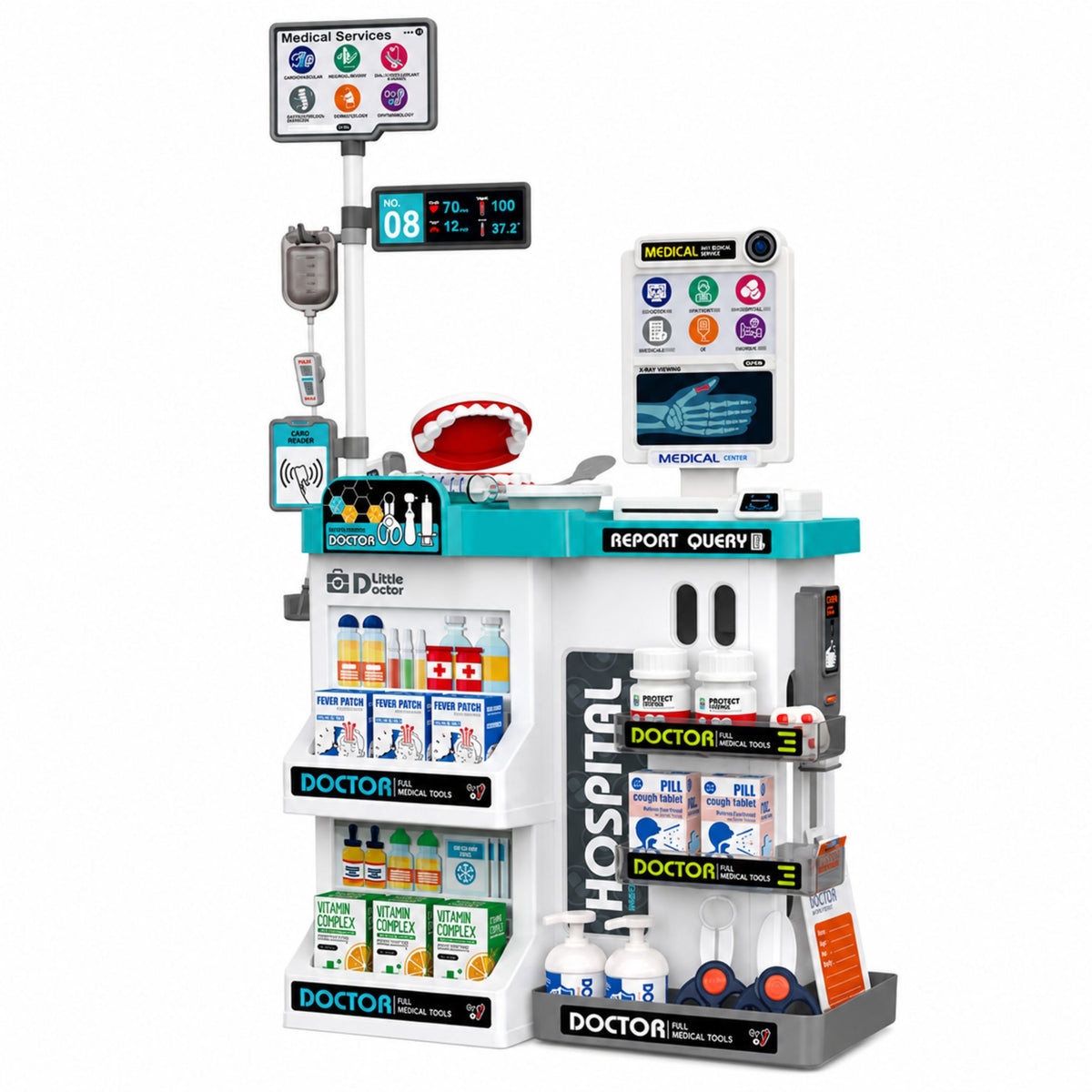 Grand ensemble médical Table médicale docteur lumières sons accessoires 61 pièces.