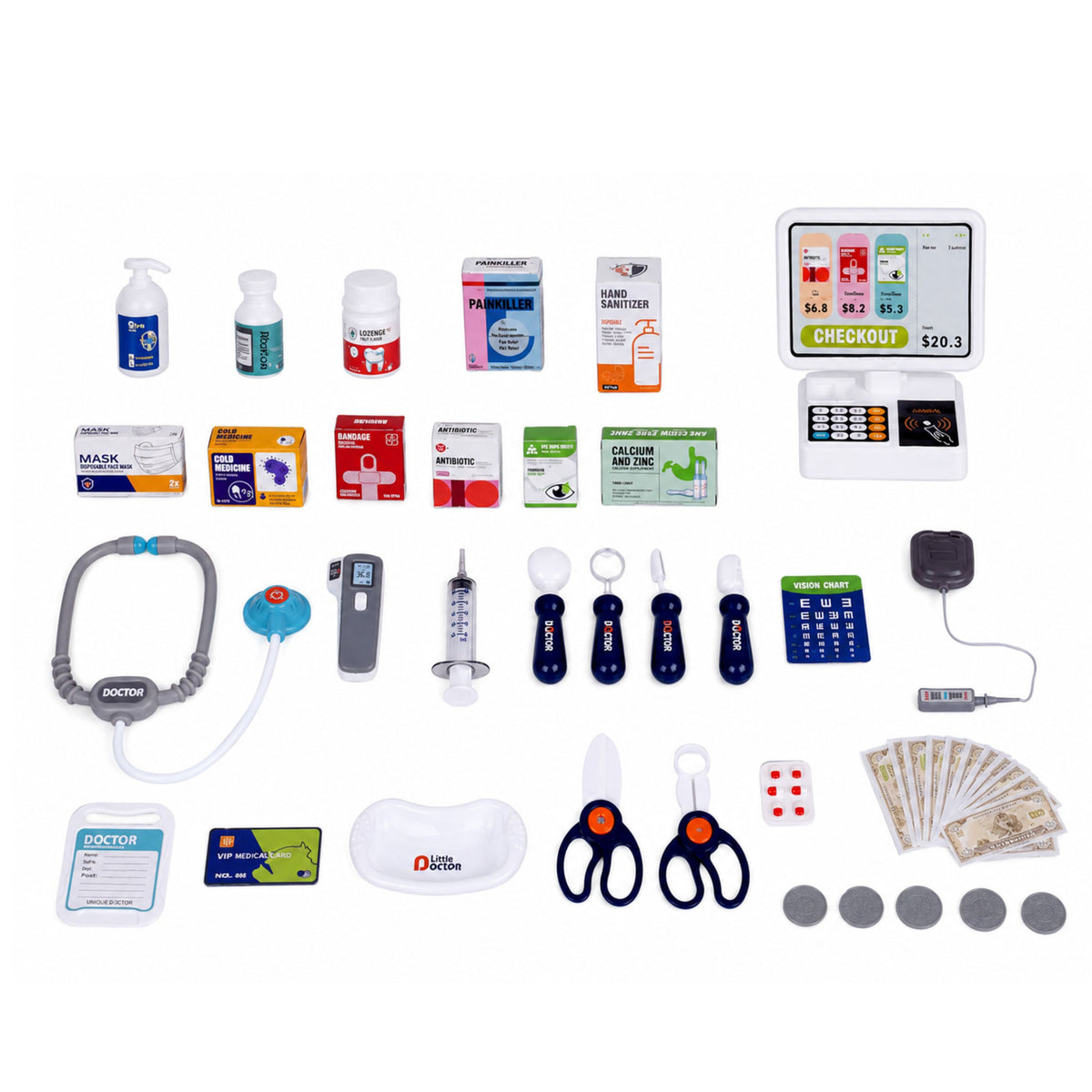 Grand ensemble médical Table médicale docteur lumières sons accessoires 61 pièces.
