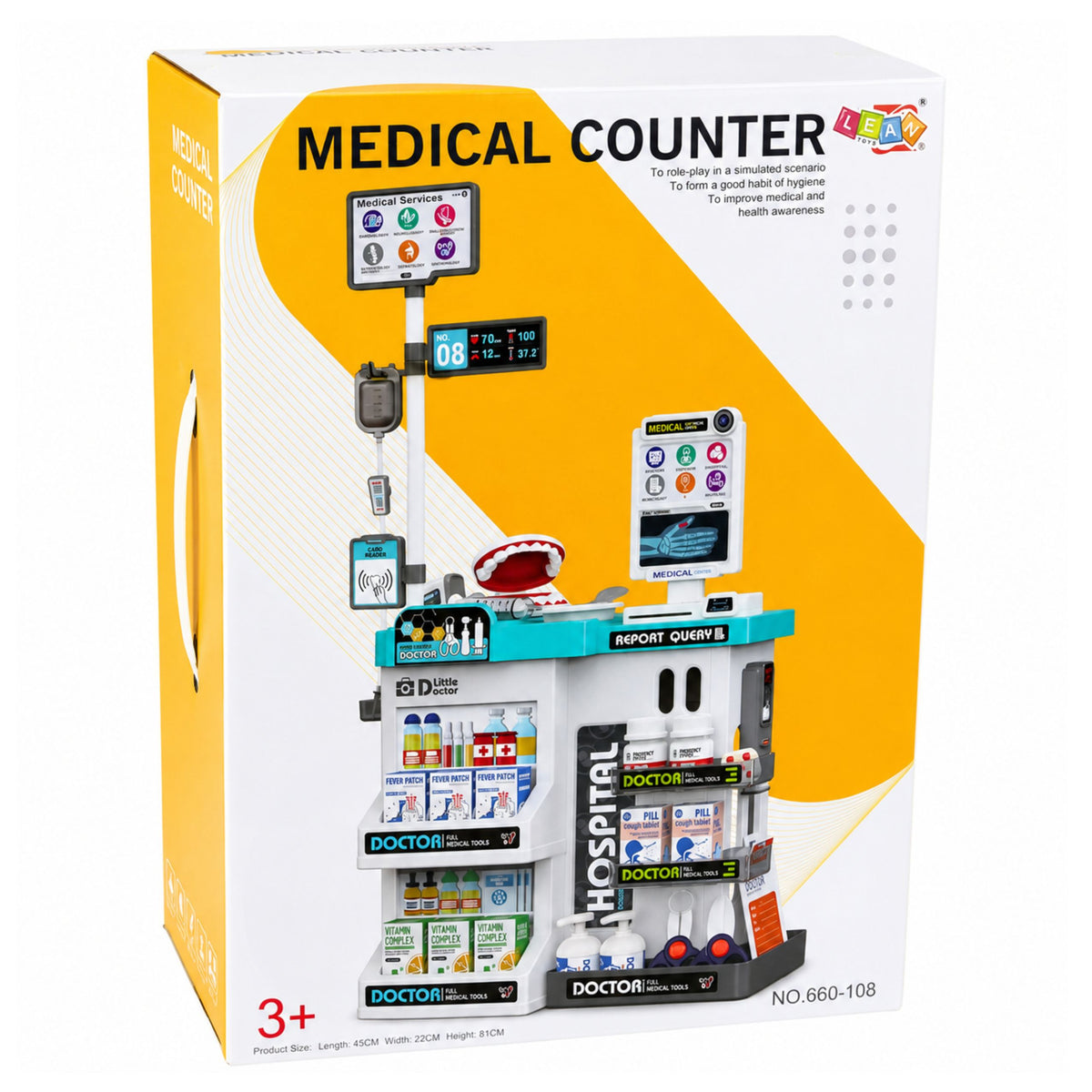 Grand ensemble médical Table médicale docteur lumières sons accessoires 61 pièces.