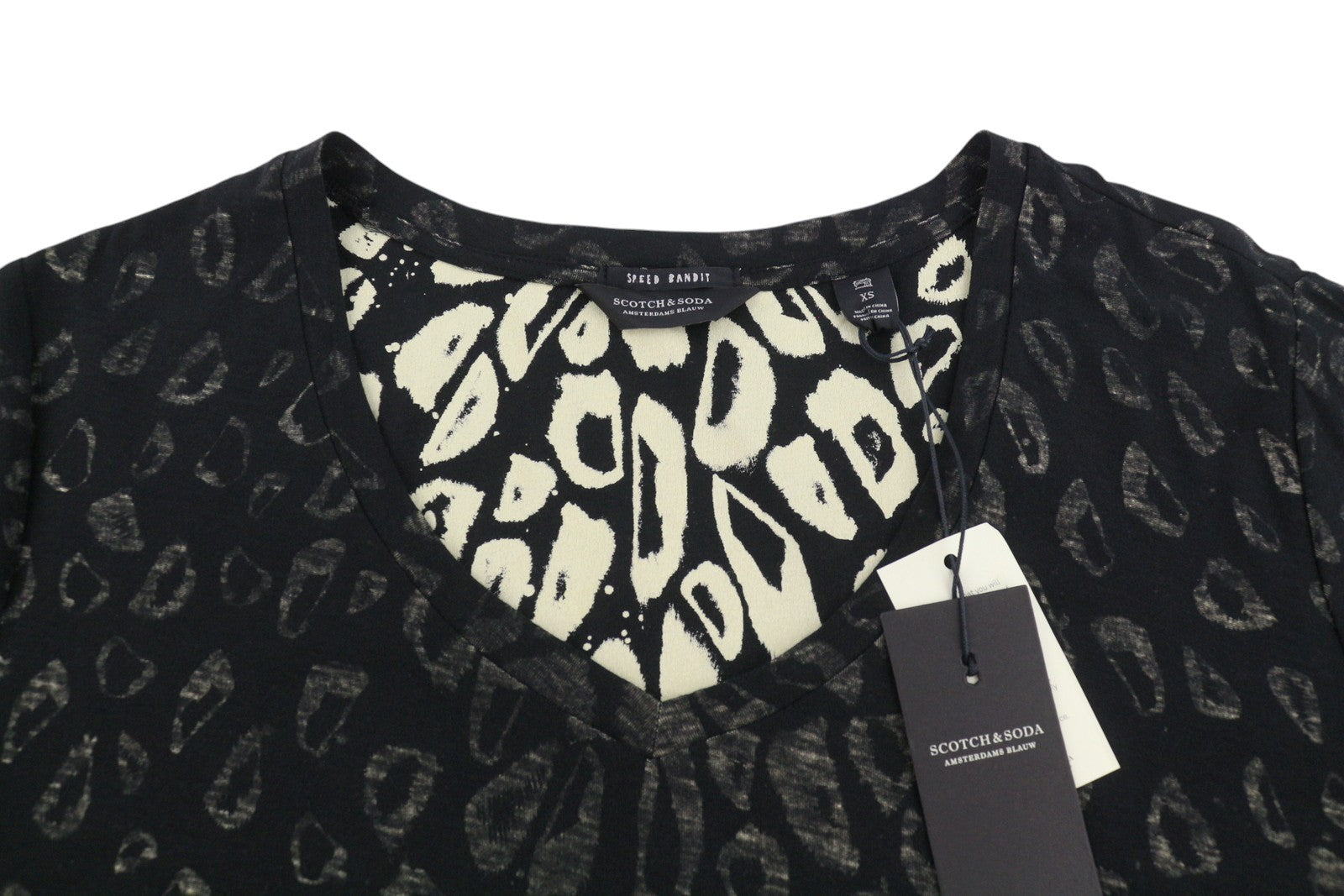 Scotch & Soda Дамска тениска, черна шарена V-образна деколте, къс ръкав