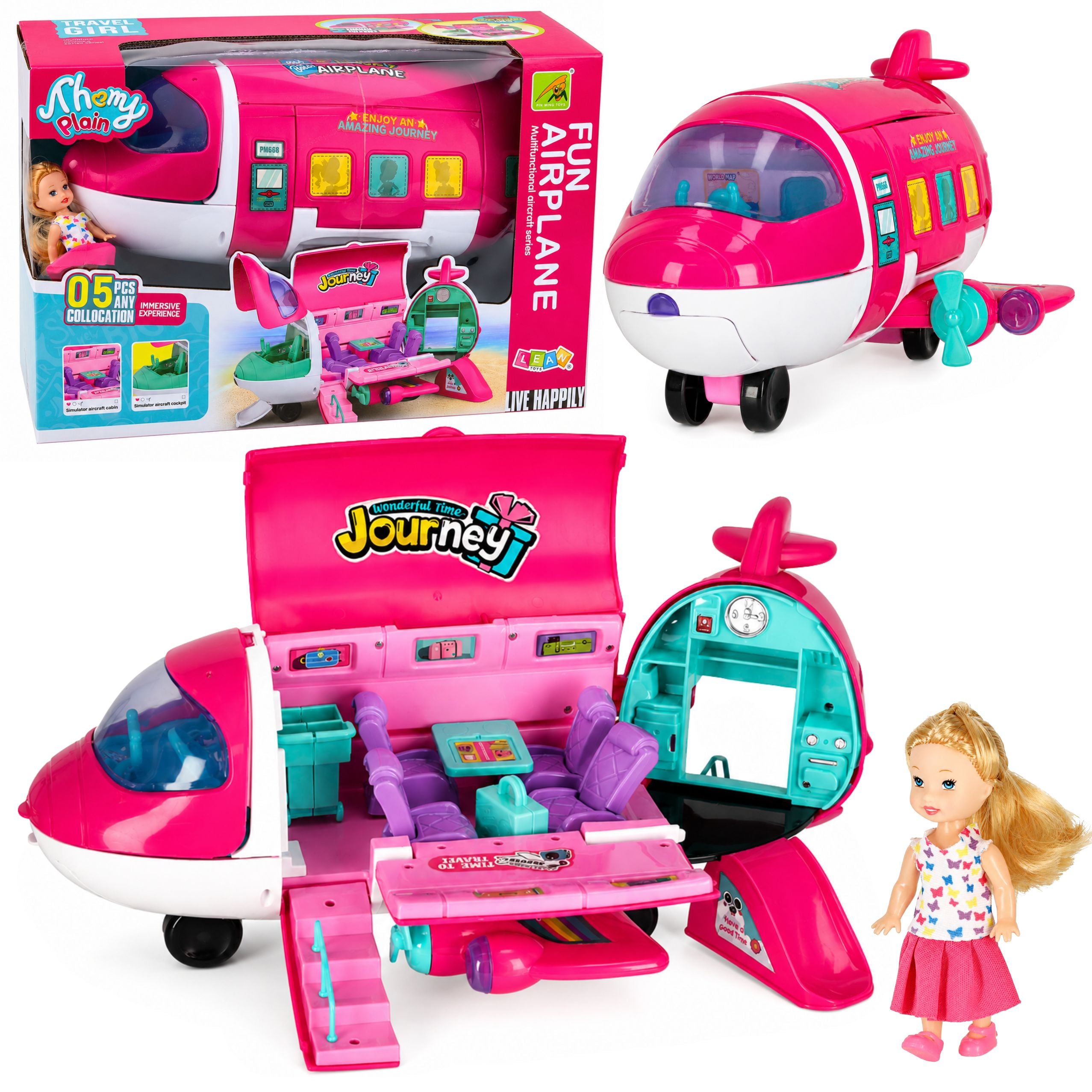 Foldable 2-in-1 Doll Passenger Plane Pink