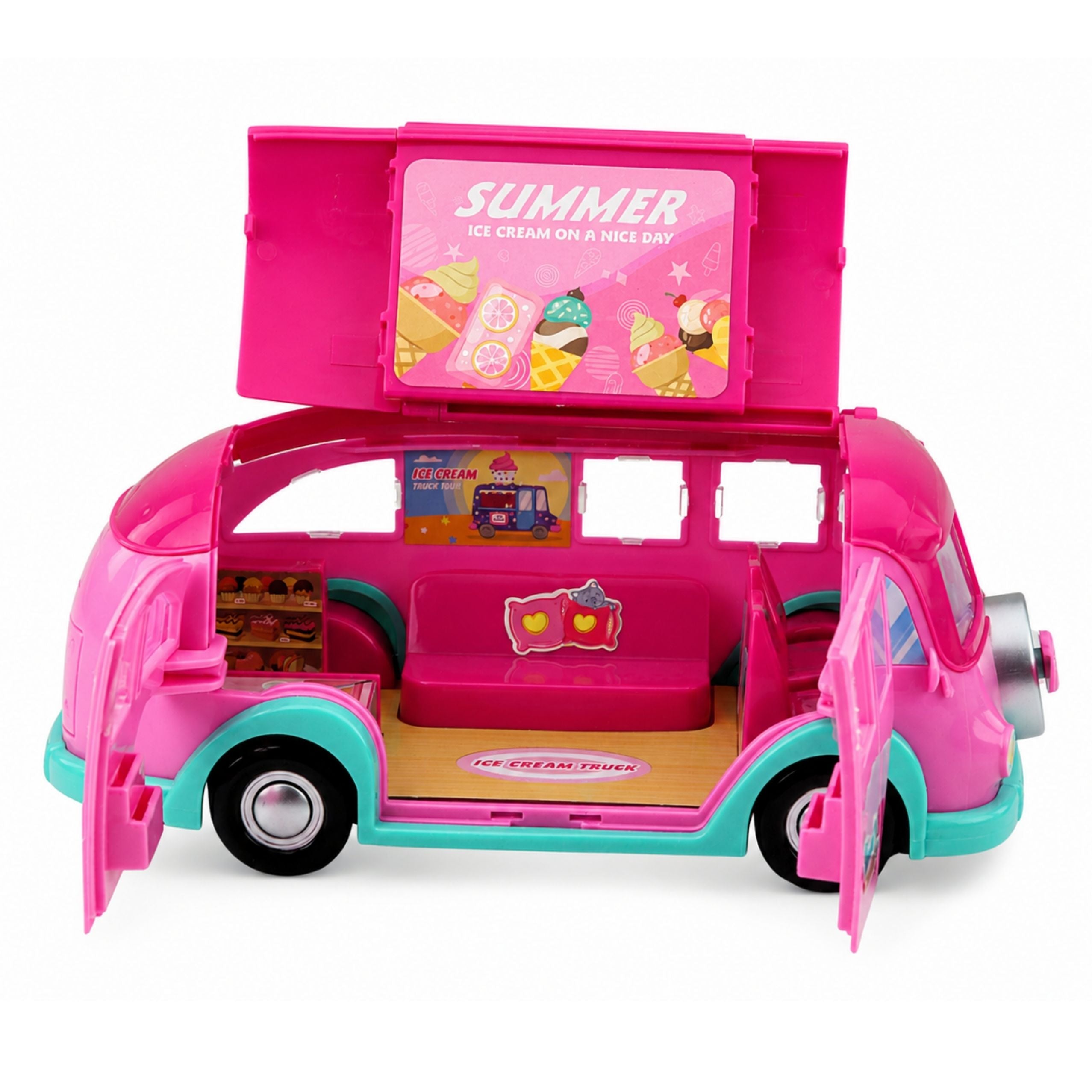 Ice Cream Food Truck Doll Car Bus Foldable Accessories Pink 33 Pcs.