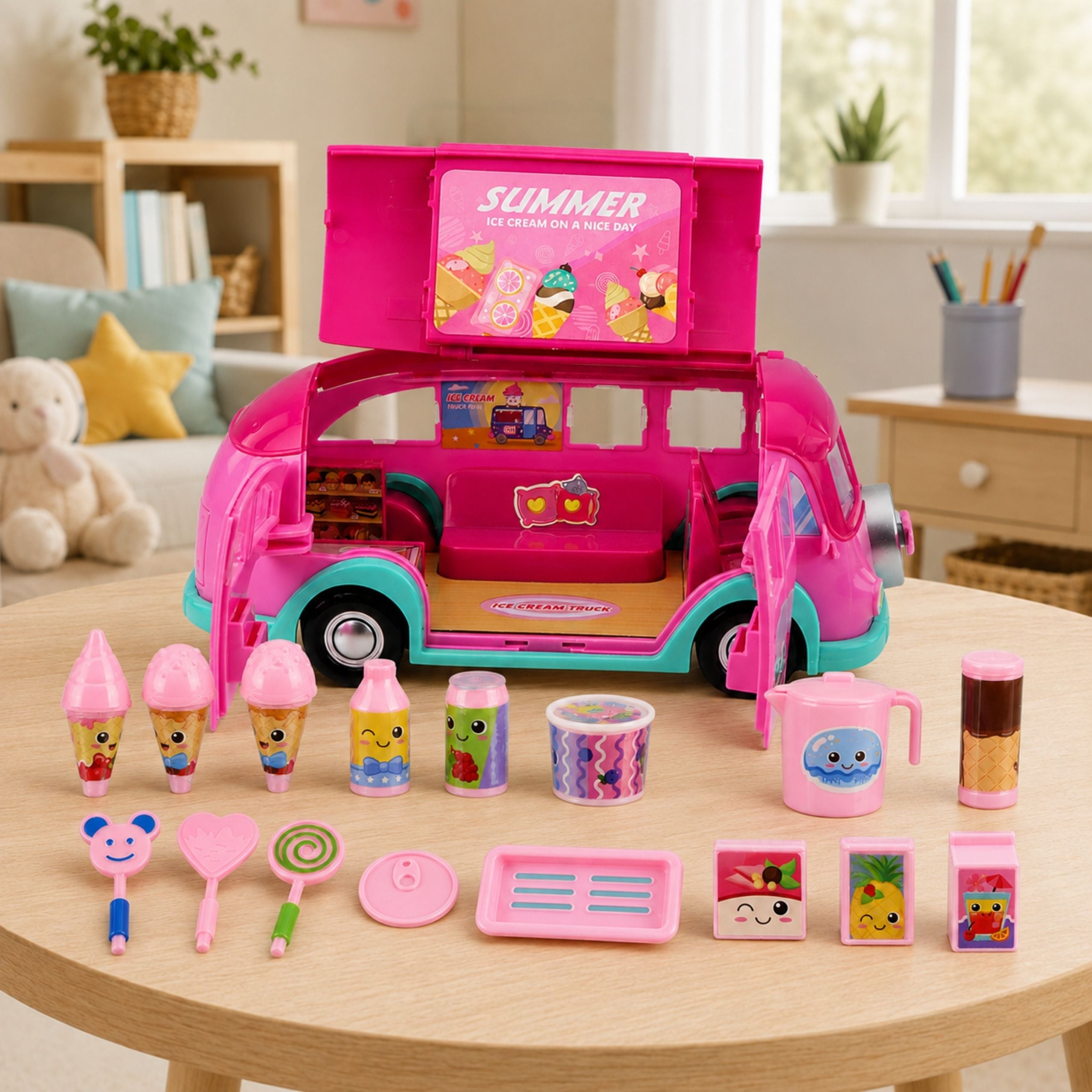 Ice Cream Food Truck Doll Car Bus Foldable Accessories Pink 33 Pcs.