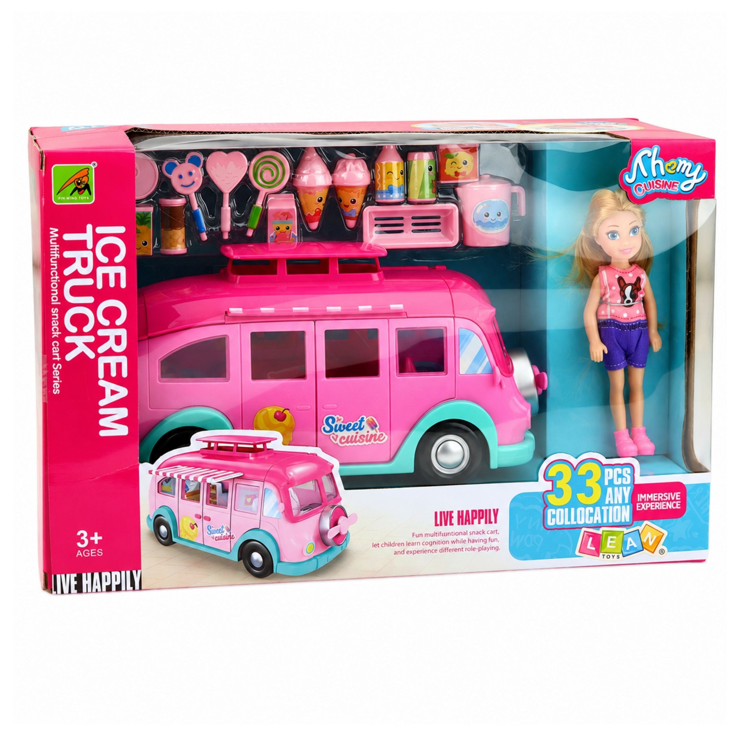 Ice Cream Food Truck Doll Car Bus Foldable Accessories Pink 33 Pcs.