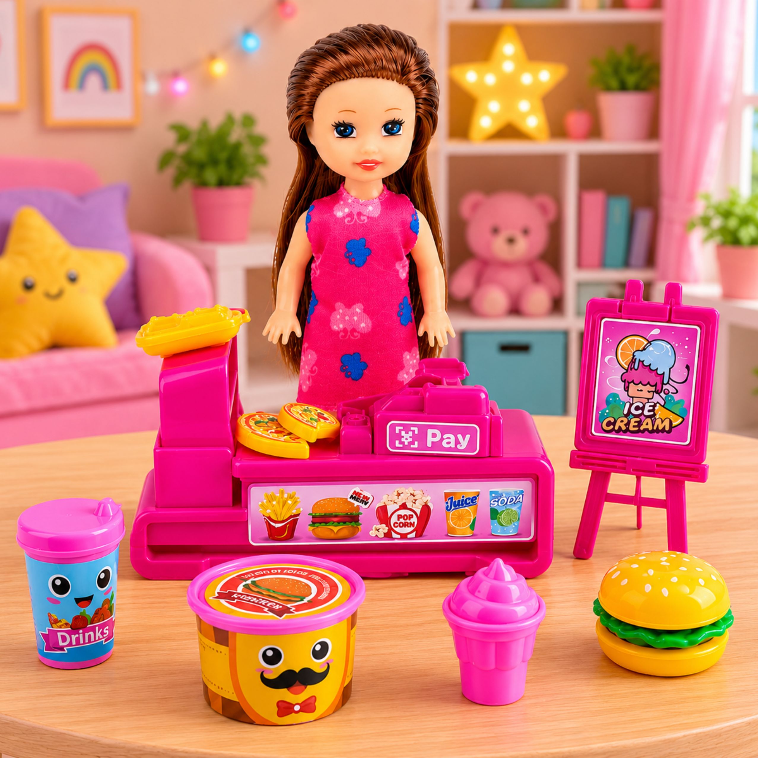 Mini Doll Set With Cash Register Saleswoman Hamburger Ice Cream Accessories