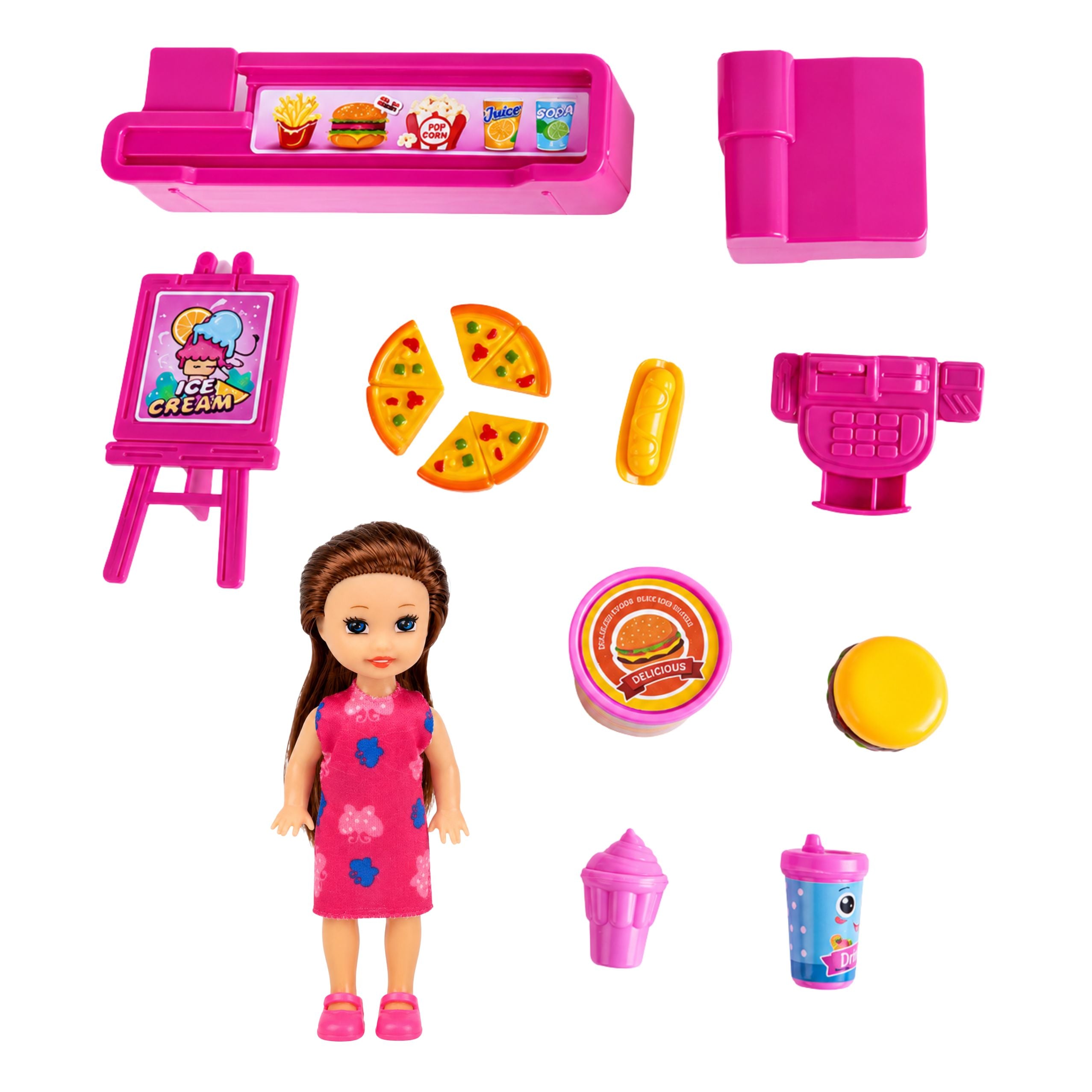 Mini Doll Set With Cash Register Saleswoman Hamburger Ice Cream Accessories