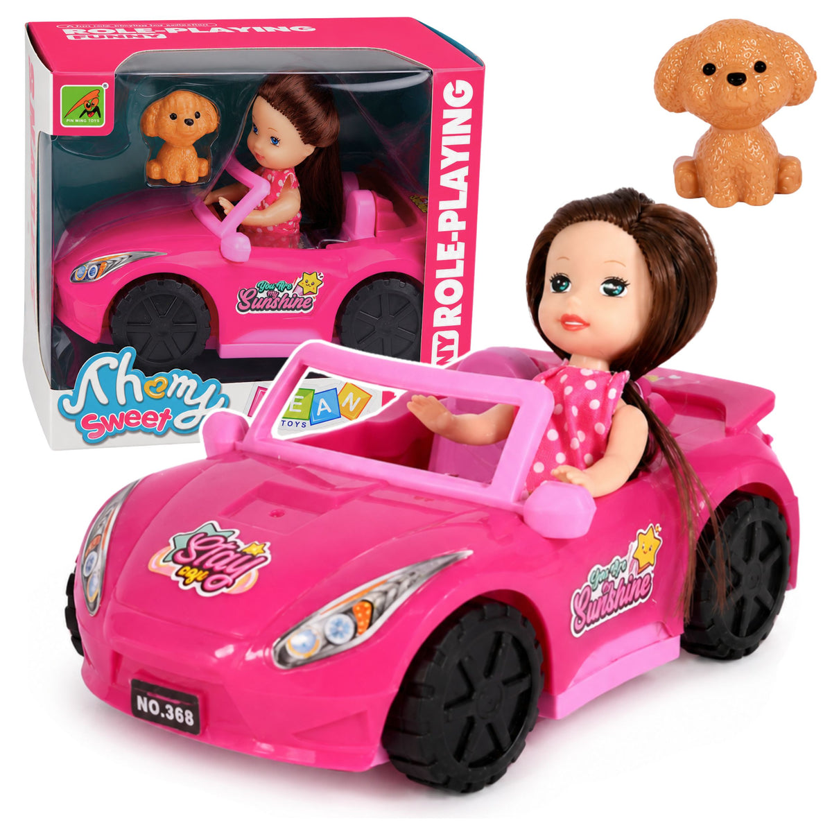 Mini Doll In A Convertible Car Set With Dog Figurine Pink