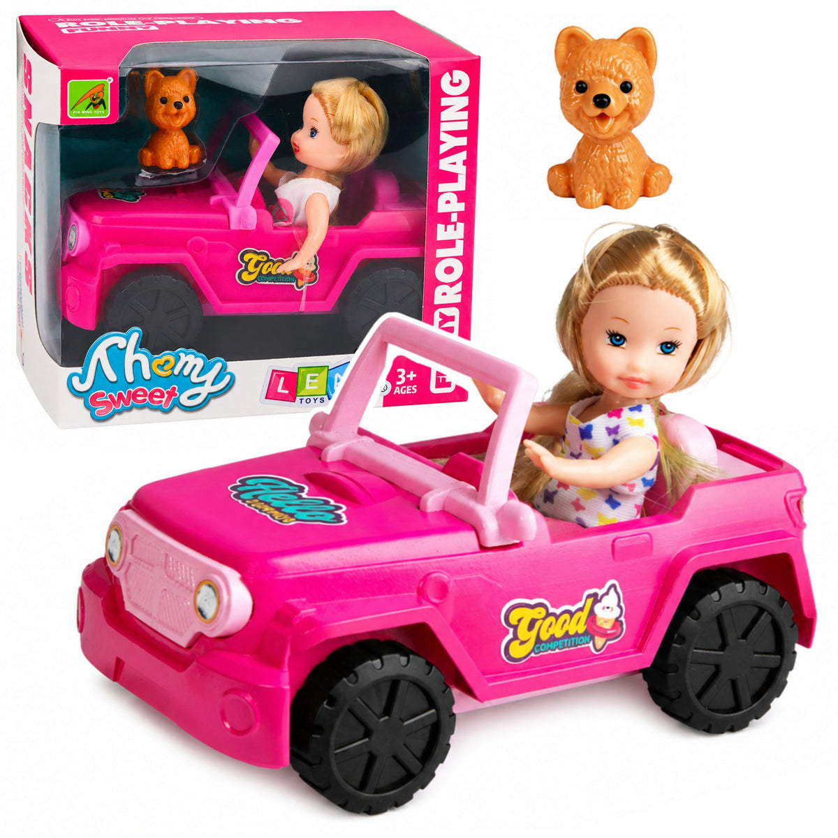 Mini lalka w kabriolecie w samochodzie terenowym z figurką psa